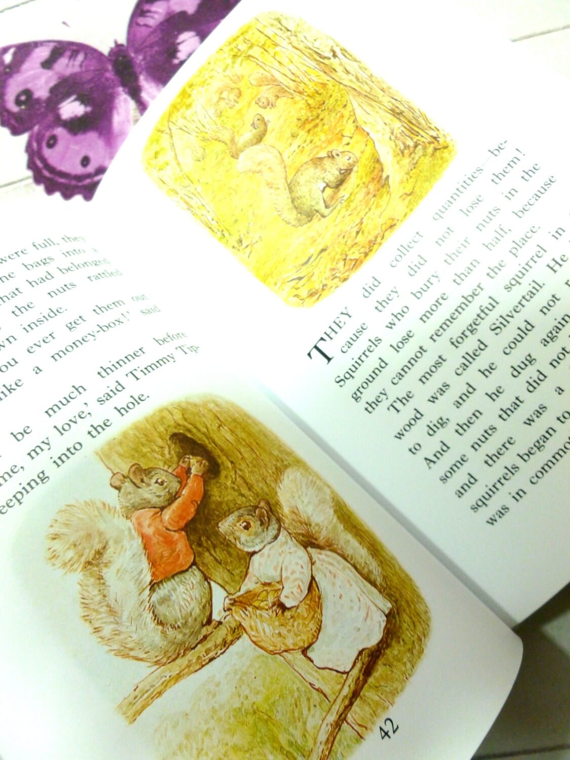 Watercolour illustrations by Beatrix Potter from Beatrix Potter Selected Tales showing Squirrel Nutkin in the forest. 