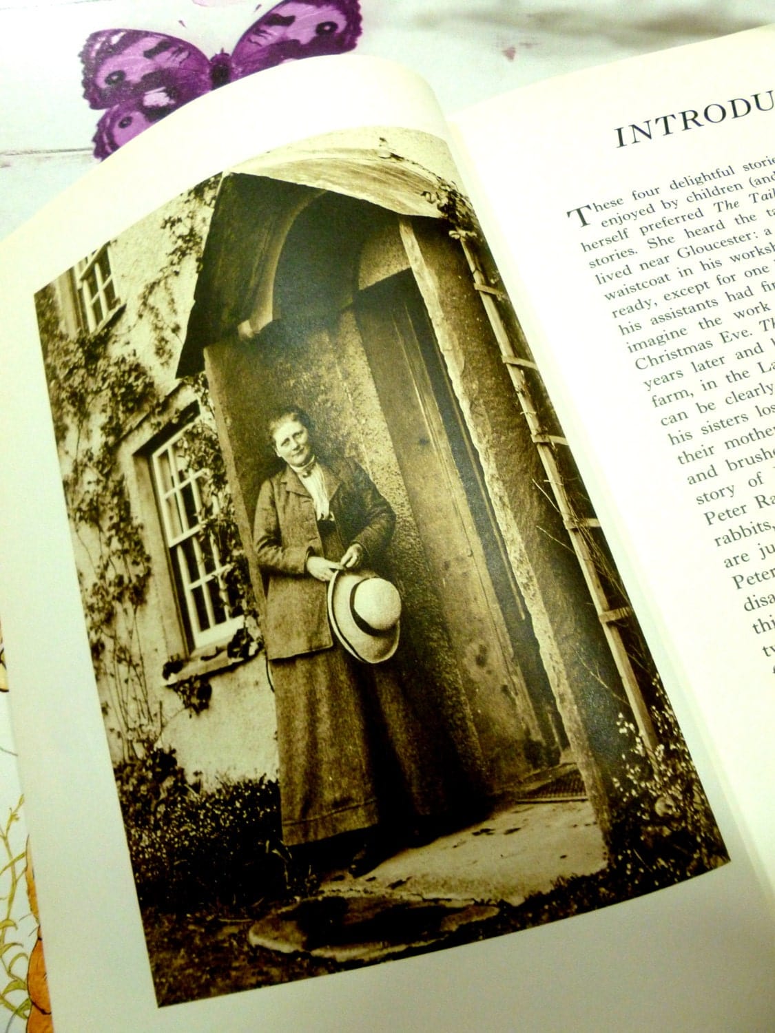 Pages of The Beatrix Potter Treasury lovely vintage Childrens Book, Tailor of Gloucester etc. 1990's showing grayscale photograph of Beatrix Potter at Hillside. 