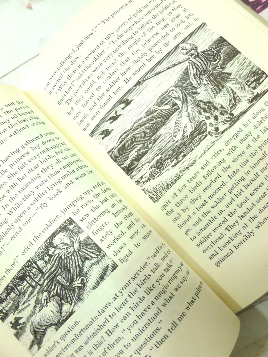 Pages of The Bird Talisman H.A. Wedgwood and Darwin Family Interest Vintage Bird Fairytale Book showing lady in Saree with Birds.