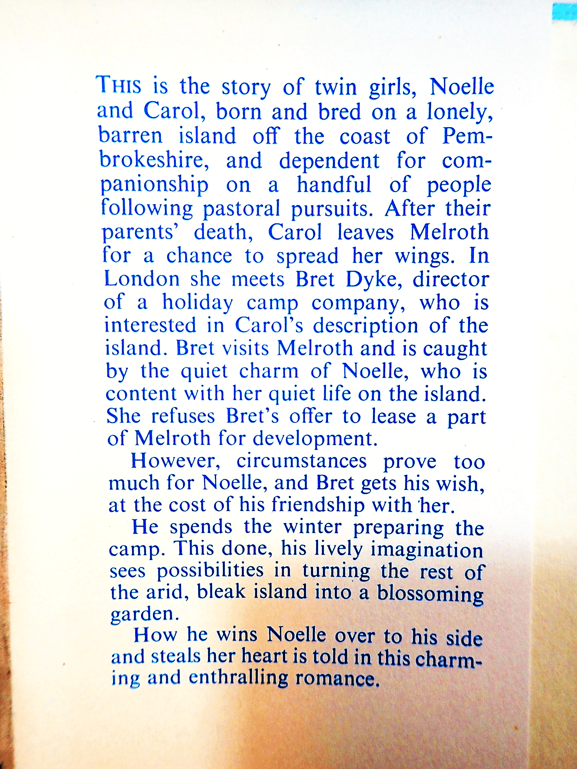 Blurb for Blossoming Island Lewis Cox Romance Book Club Hardback showing text: "This is the story of twin girls..."