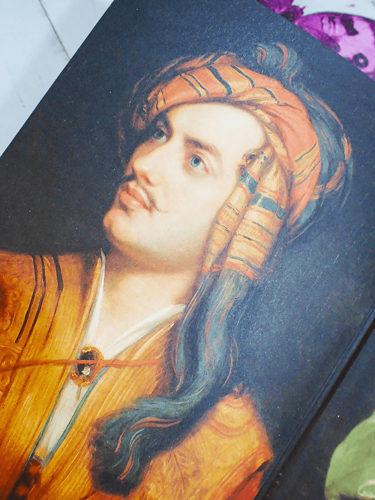 Decorated endpapers of The Bride of Science Benjamin Woolley Ada Lovelace Byron Biography Vintage Book 1999 showing portrait of Lord Byron.
