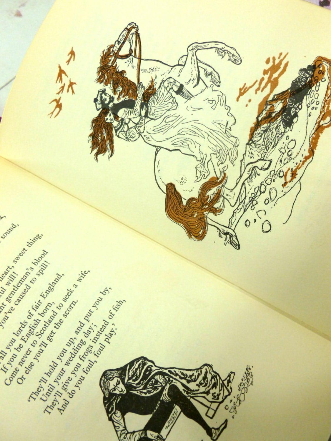 Illustration showing a woman and man riding a horse from a vintage book a Bundle of Ballads.