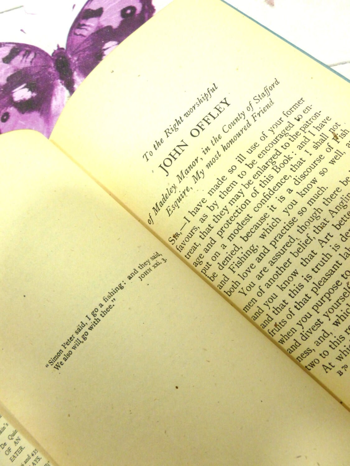 Pages of The Compleat Angler by Izaak Walton Wartime Ed. 1944 vintage Fishing book Andrew Lang. Text: To the Right Worshipful John Offley...