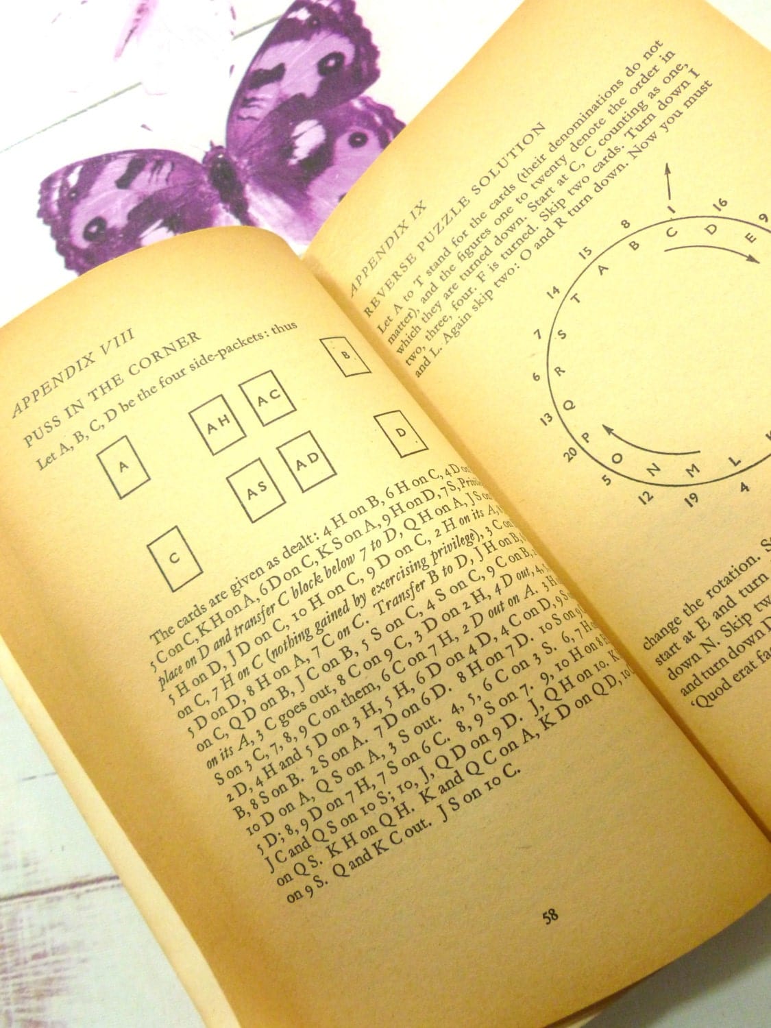 Page of The Complete Patience Book Basil Dalton 1960s Pan Paperback Book showing diagrams of card play. 