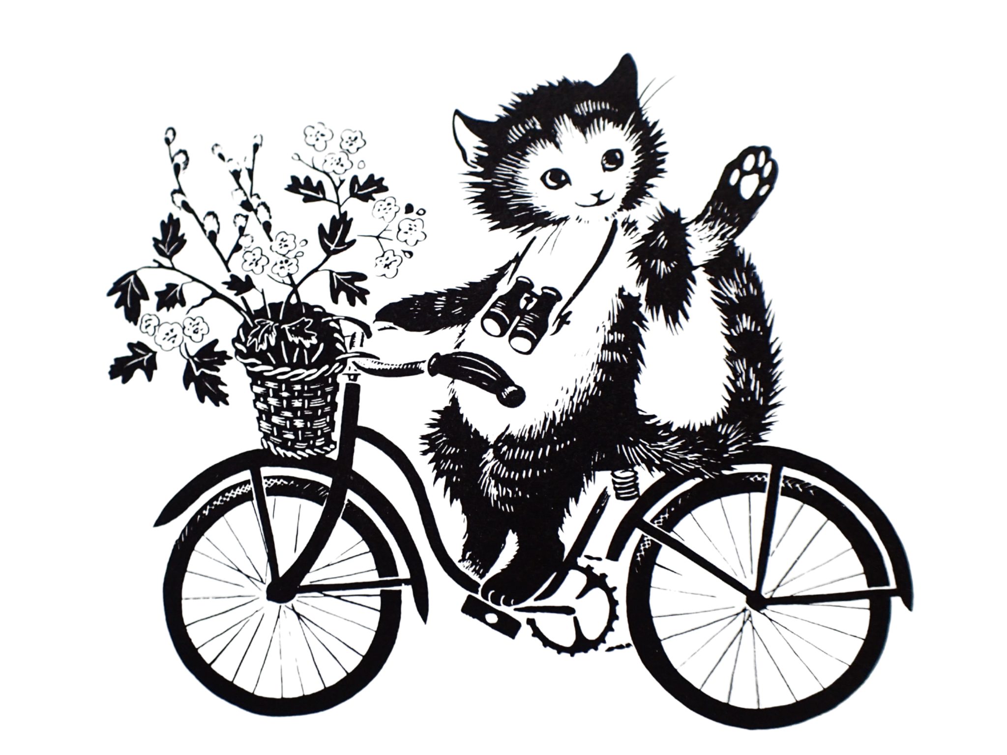 Kittys Tales delivery. Cute cat on a bicycle with basket of flowers and binoculars waving.