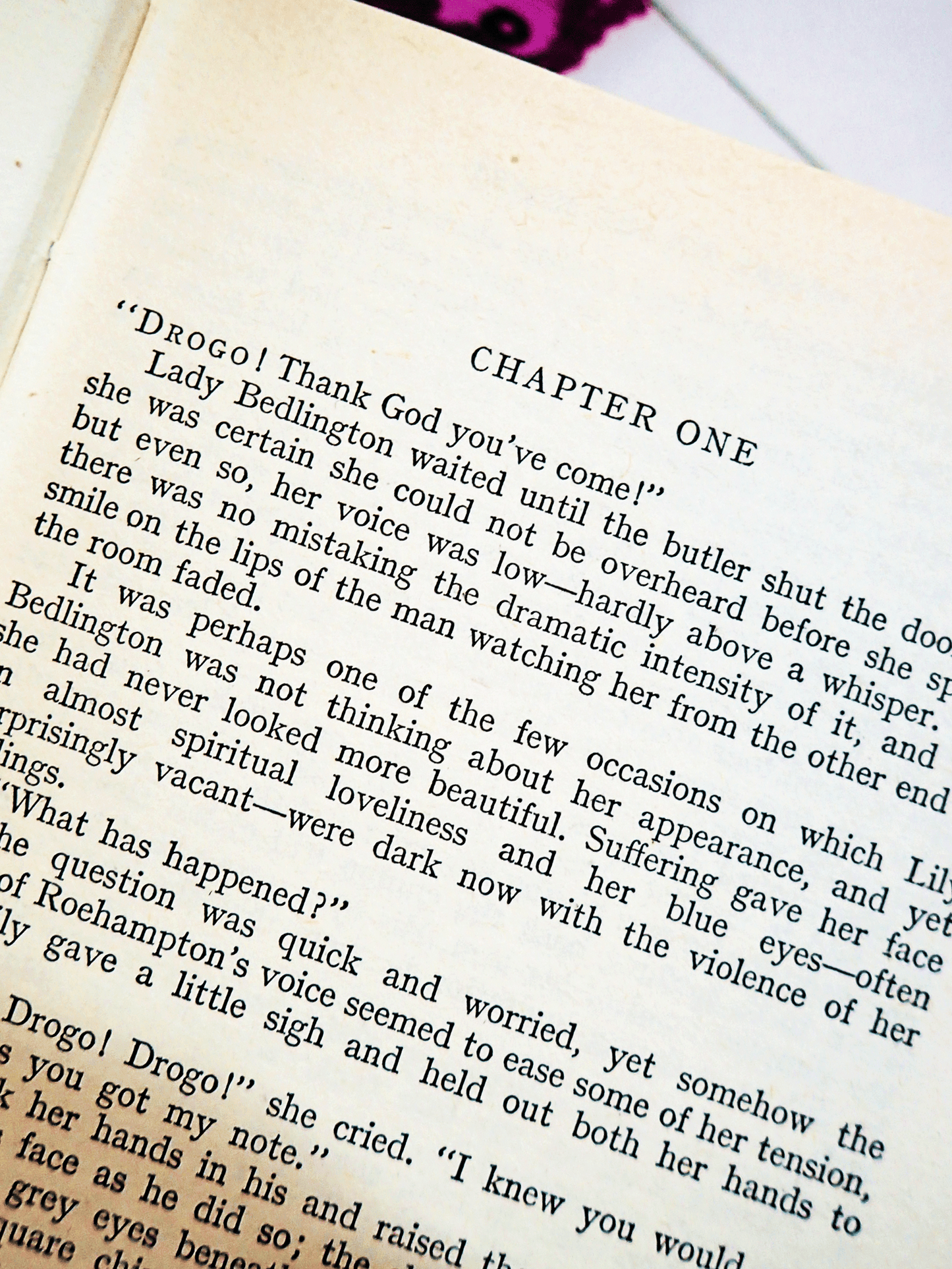 First page of Desire of the Heart Barbara Cartland Hardback showing text: Chapter One 'Drogo! Thank God you've come!'