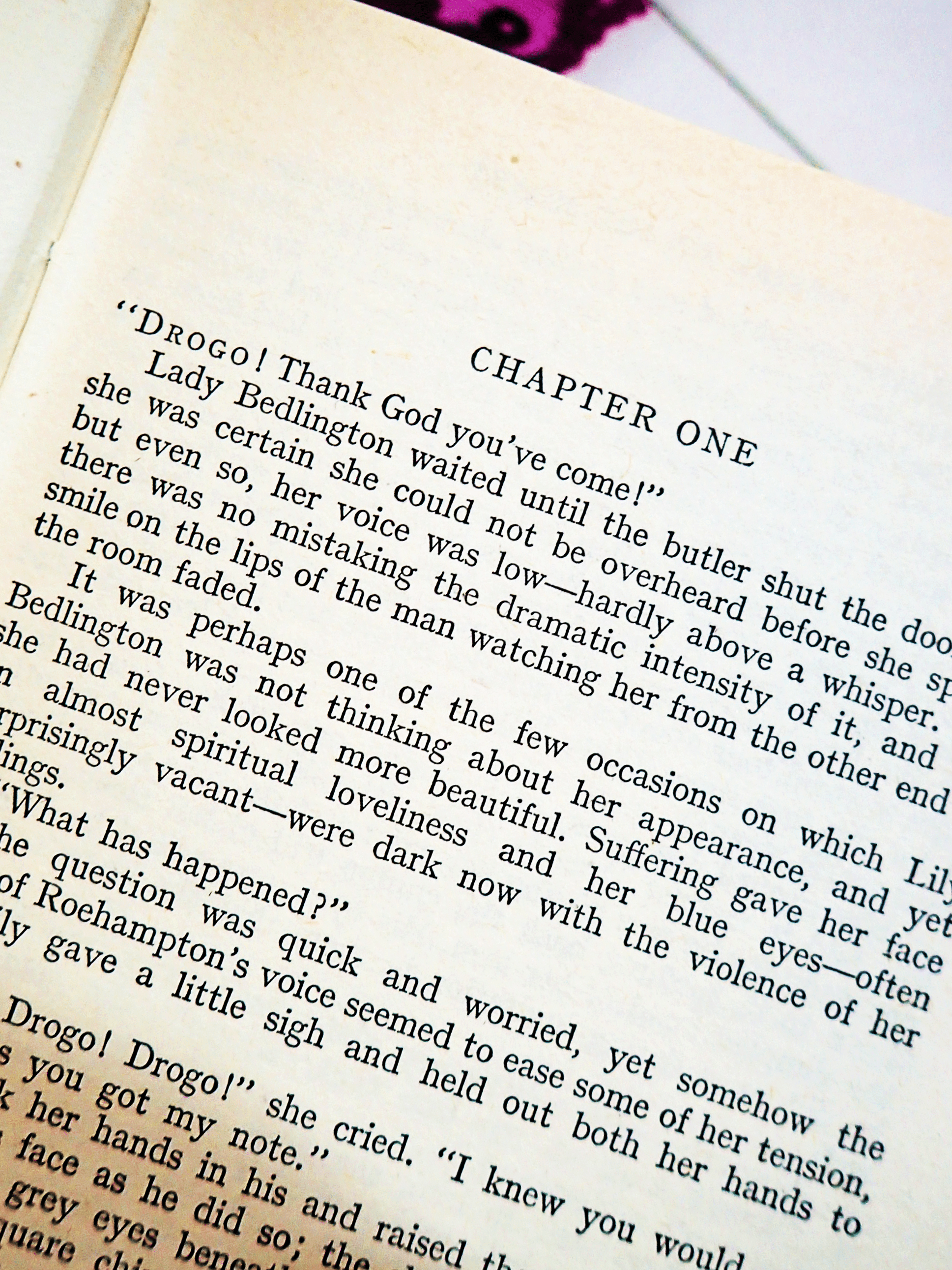 First page of Desire of the Heart Barbara Cartland Hardback showing text: Chapter One 'Drogo! Thank God you've come!'