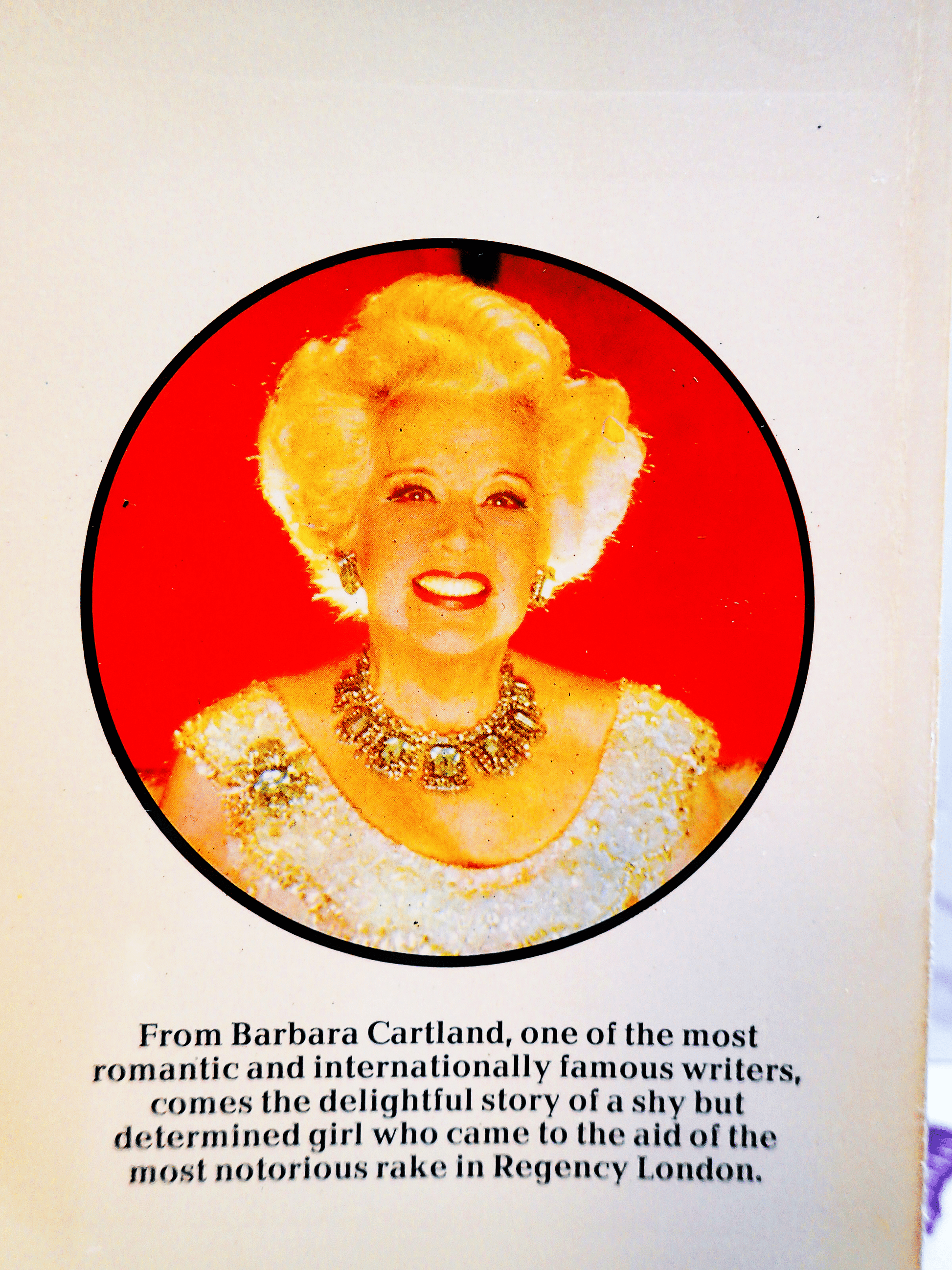Back cover of The Disgraceful Duke Barbara Cartland Corgi Paperback showing photo of the Author. 