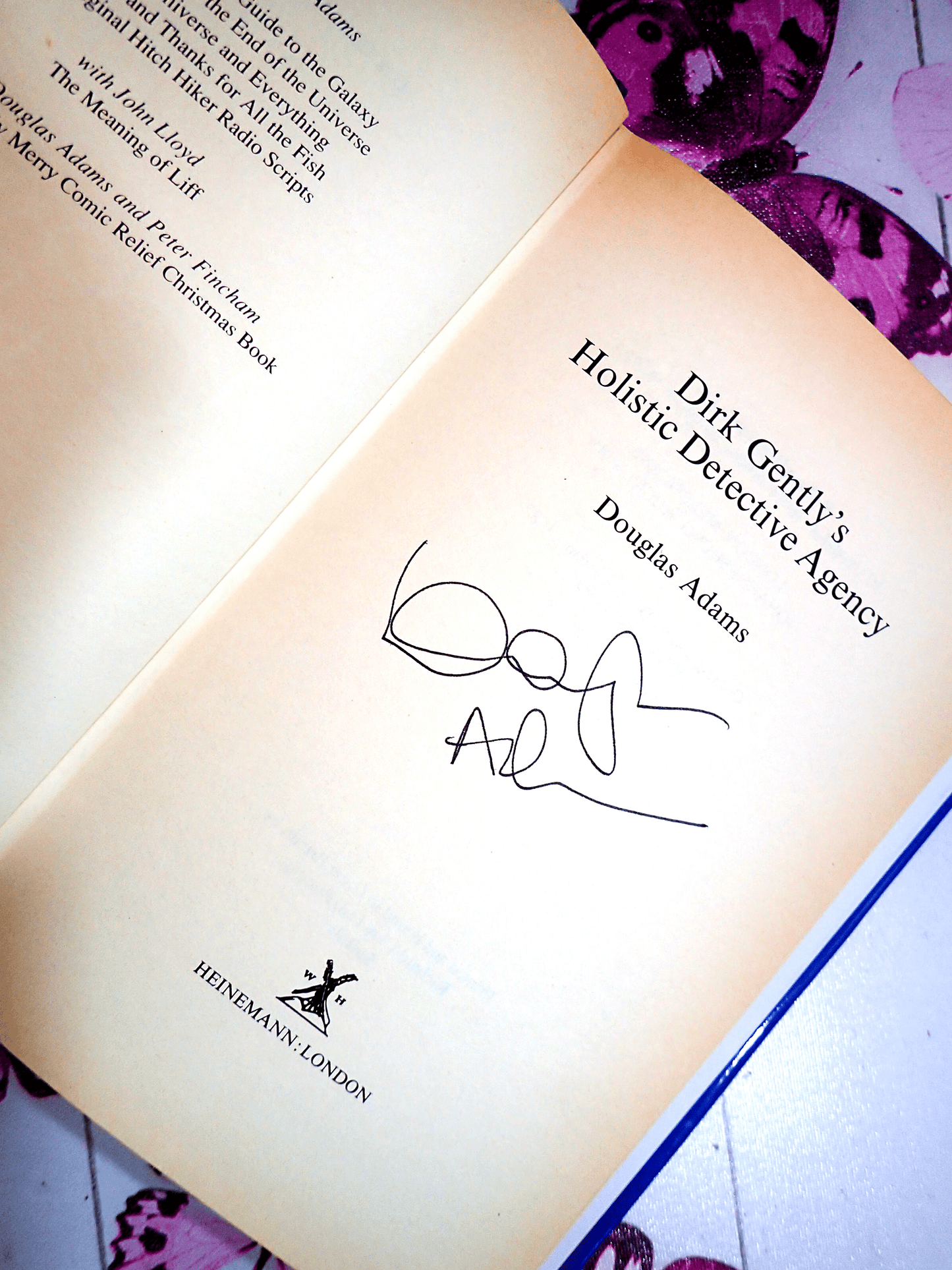 Signature of Douglas Adams in Dirk Gently's Holistic Detective Agency Signed First Edition 1st Impression Scarce Sci Fi Classic Hitch Hikers Guide Author