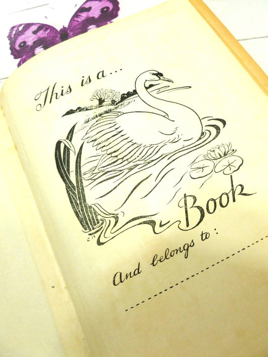 Page of Vintage Fairy Story Book 1957 Fairies Album Stories for The Young Folk by Gerald G. Swan with this book belongs to showing a drawing of a swan. 