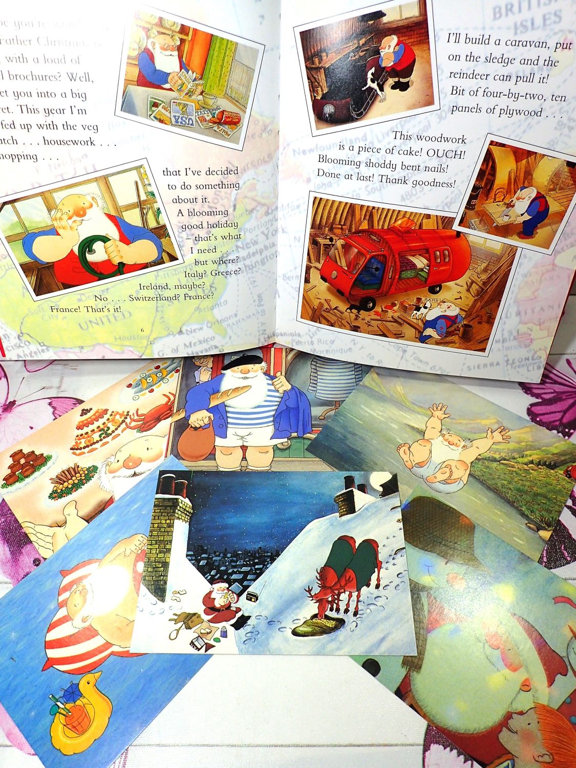 Six Postcards of Father Christmas in Father Christmas Having a Wonderful Time Raymond Briggs A Storybook with postcards to send first edition 1993.