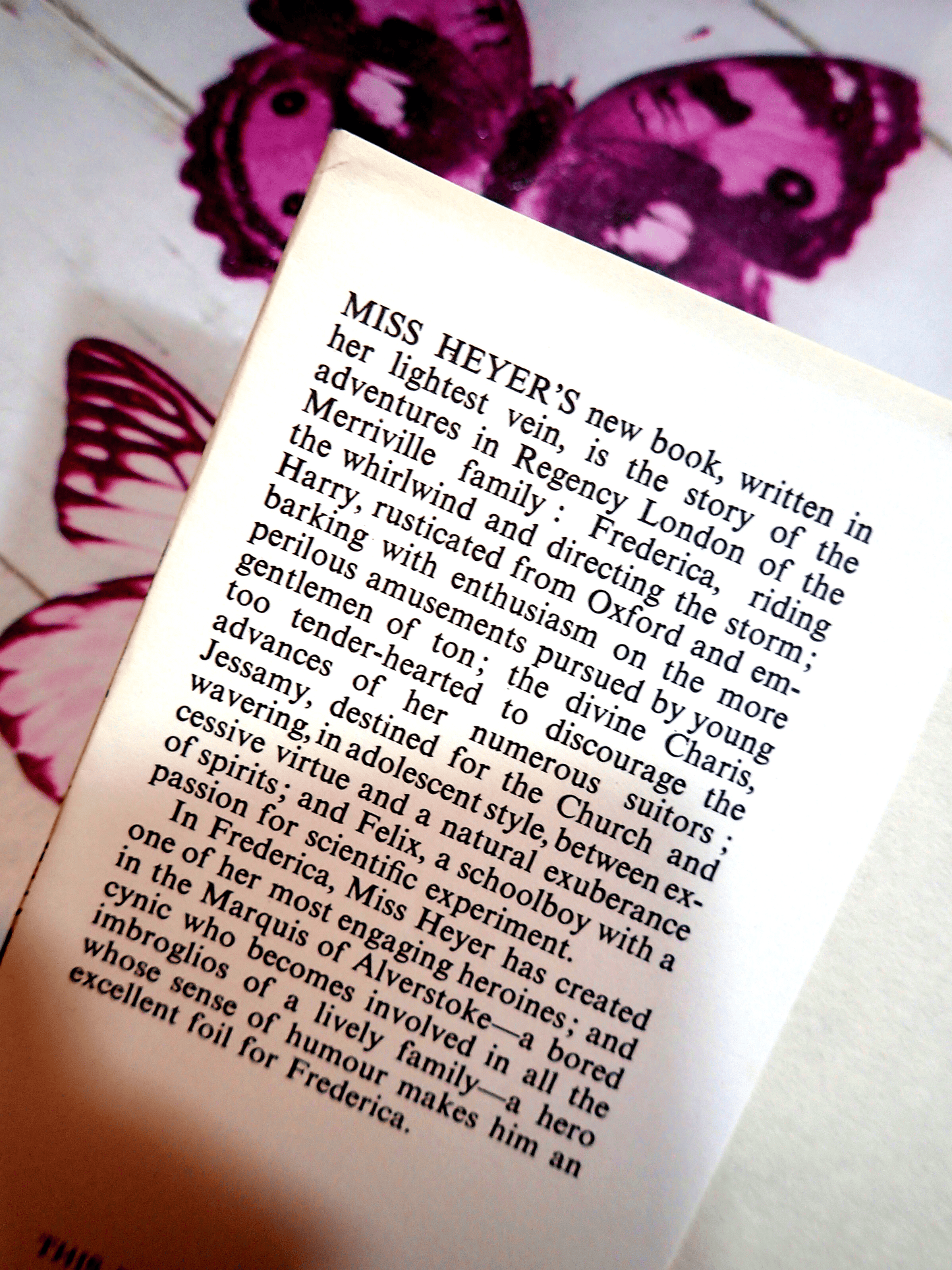 Text blurb of Frederica Georgette Heyer Vintage Regency Romance Book