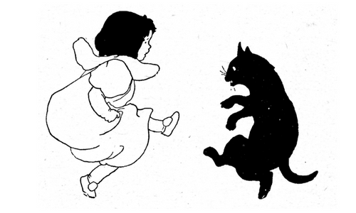 Kittys tales offer friendly service. Young girl dancing with cat in a jolly manner.