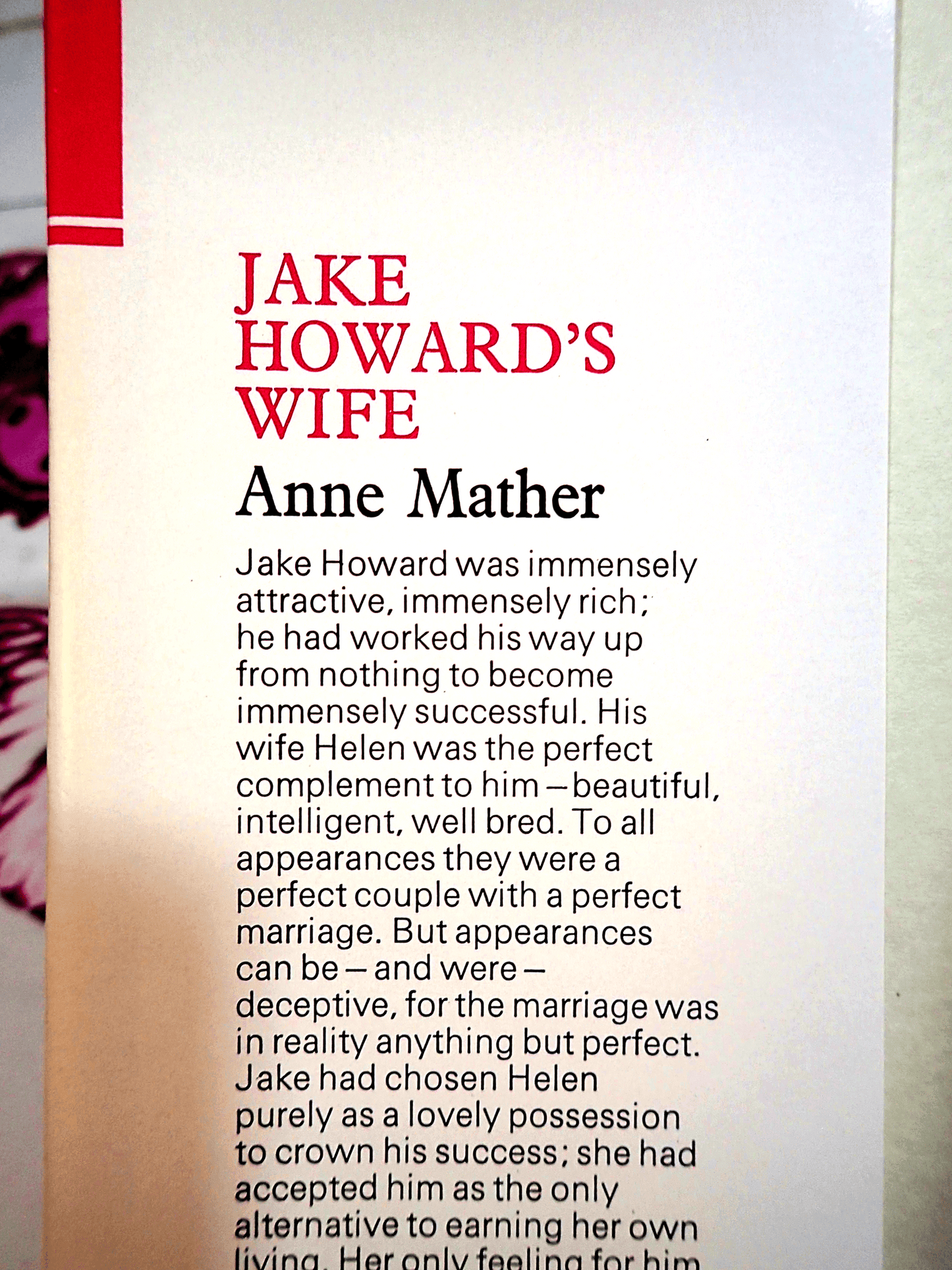 Text blurb on dust jacket of Jake Howard's Wife Anne Mather