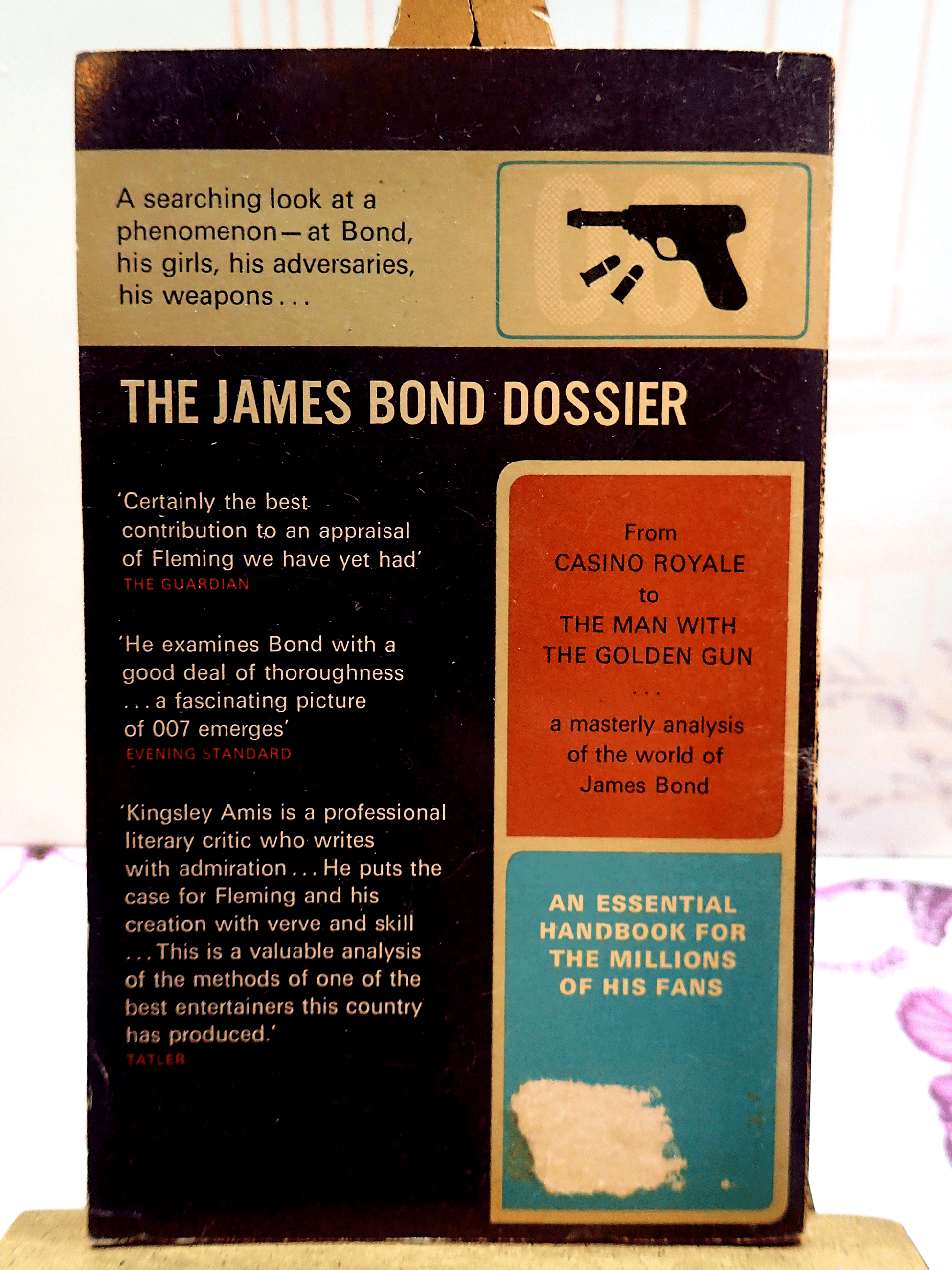 Back Cover of The James Bond Dossier Kingsley Amis Vintage Pan Paperback showing blurb and silhouette of a revolver