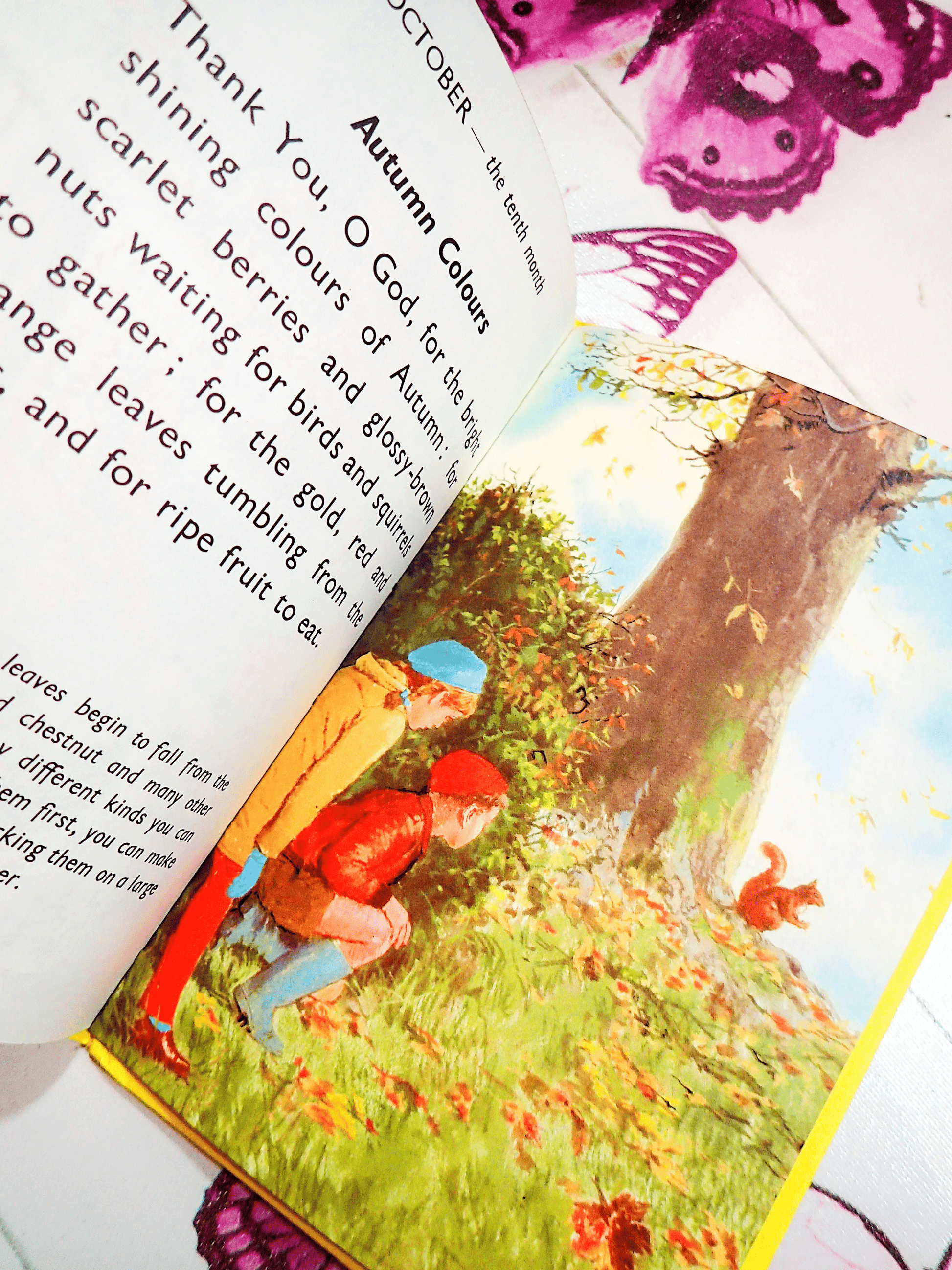 Pages of The Ladybird Book of Prayers Through the Year for Children Beautifully Illustrated 1970's showing two children watching a cute red squirrel in the woods. 