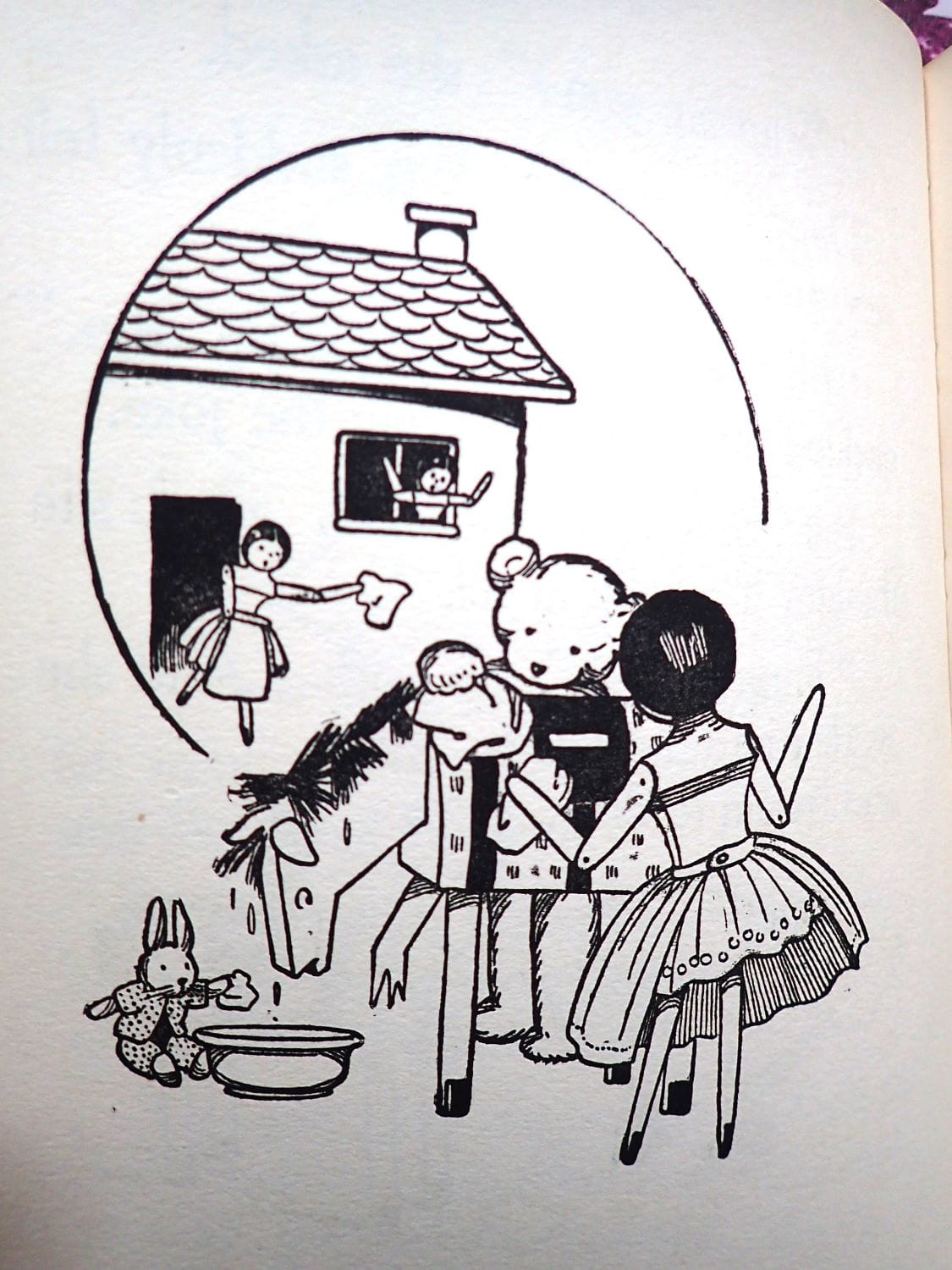 Illustration of Peg Wooden Dolls in Vintage Bedtime Stories Little Bo-Peep's Animal Stories Book Vintage Children's Book 1950's