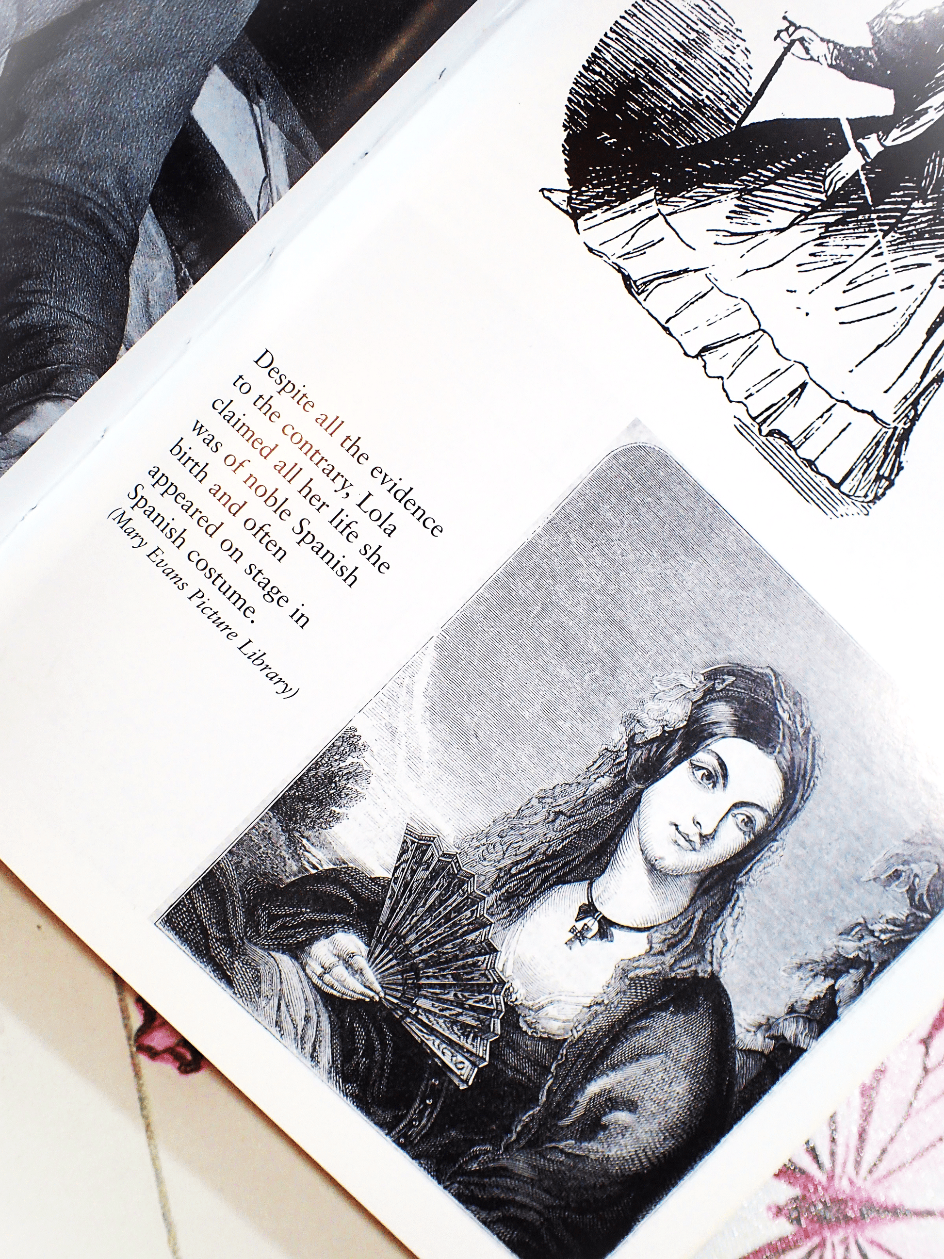 Pages from Lola Montez Her Life & Conquests by James Morton showing an engraved portrait of Lola Montez dressed in the Spanish manner holding a fan. 