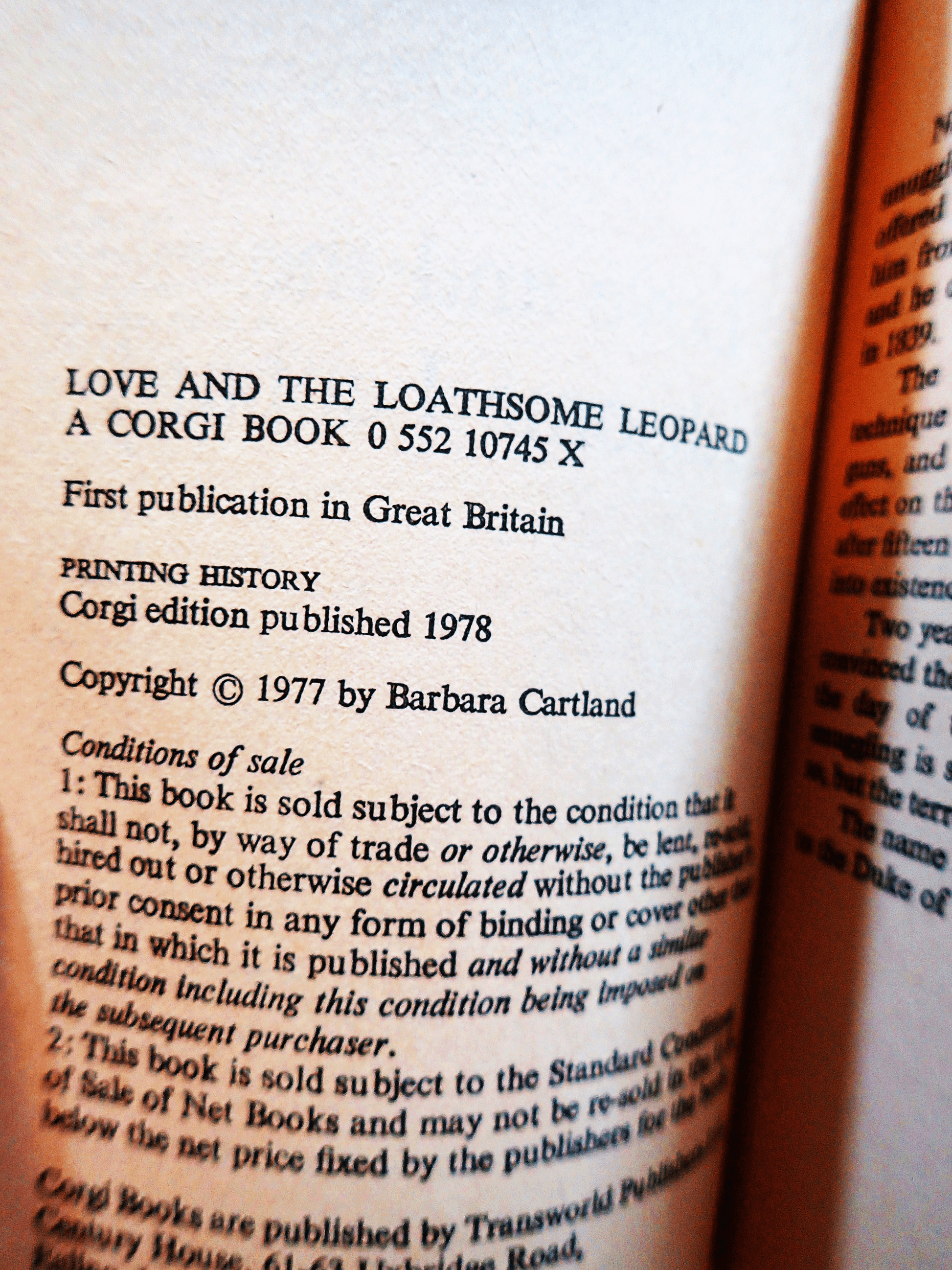 Publication details of Love and the Loathsome Leopard Barbara Cartland Corgi Paperback showing first published 1978.
