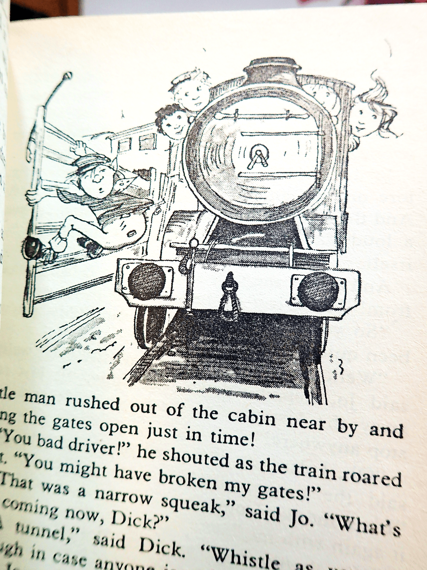 Illustration from The Magic Faraway Tree by Enid Blyton Beaver Paperback Vintage Children's Book 1980's showing children and a pixie on a magical train. 