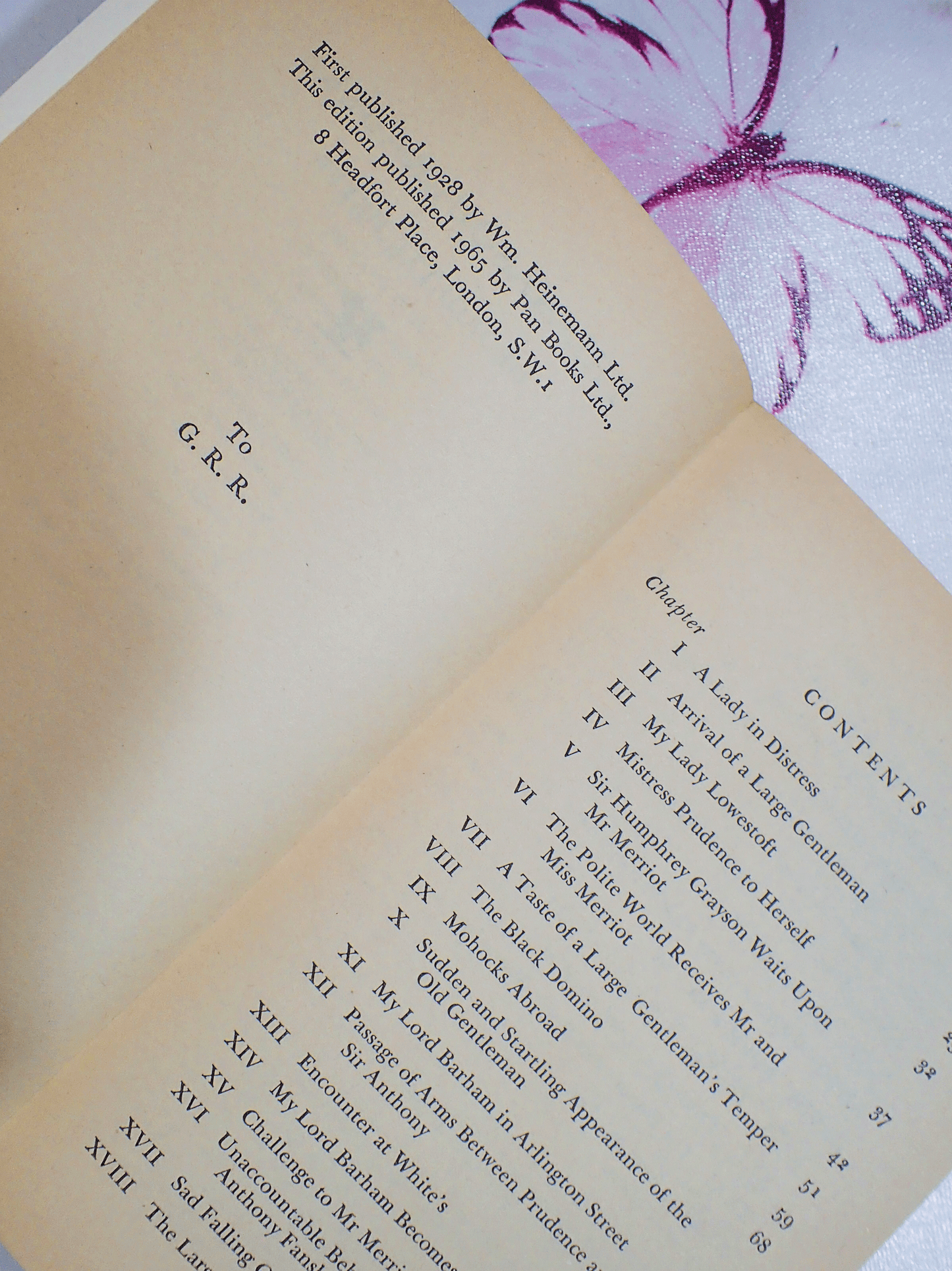 Pages showing publication information for vintage Pan Paperback ' The Masqueraders' by Georgette Heyer 'This edition published 1965 by Pan Books Ltd.'