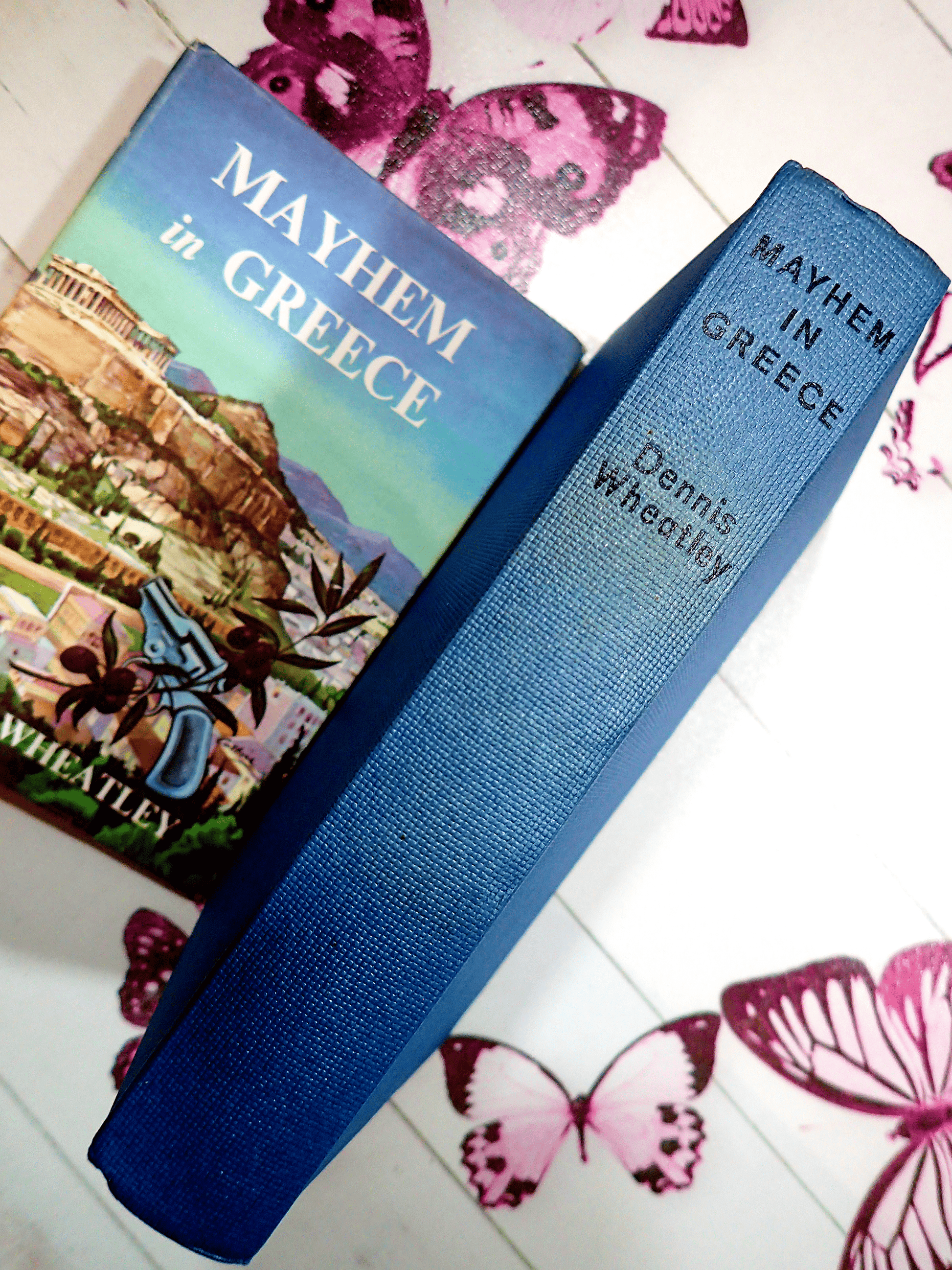 Blue boards of Mayhem in Greece Dennis Wheatley Vintage Book BCA with Black titles to the spine.