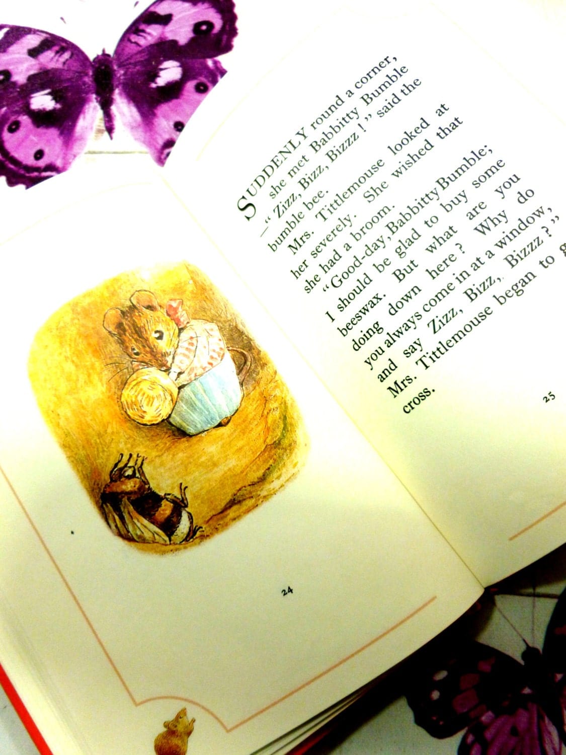 Page of The Tale of Mrs TittleMouse First Edition Bloomsbury Book 1993 showing Mrs Tittlemouse with Babbitty Bumble. 