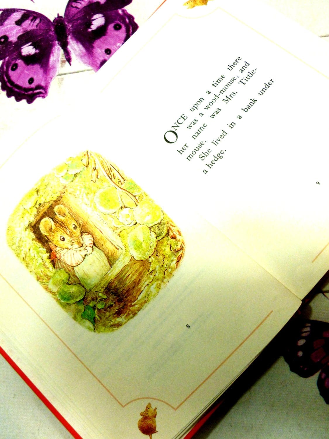 Page of The Tale of Mrs TittleMouse First Edition Bloomsbury Book 1993 showning Mrs Tittlemouse in her doorway. 