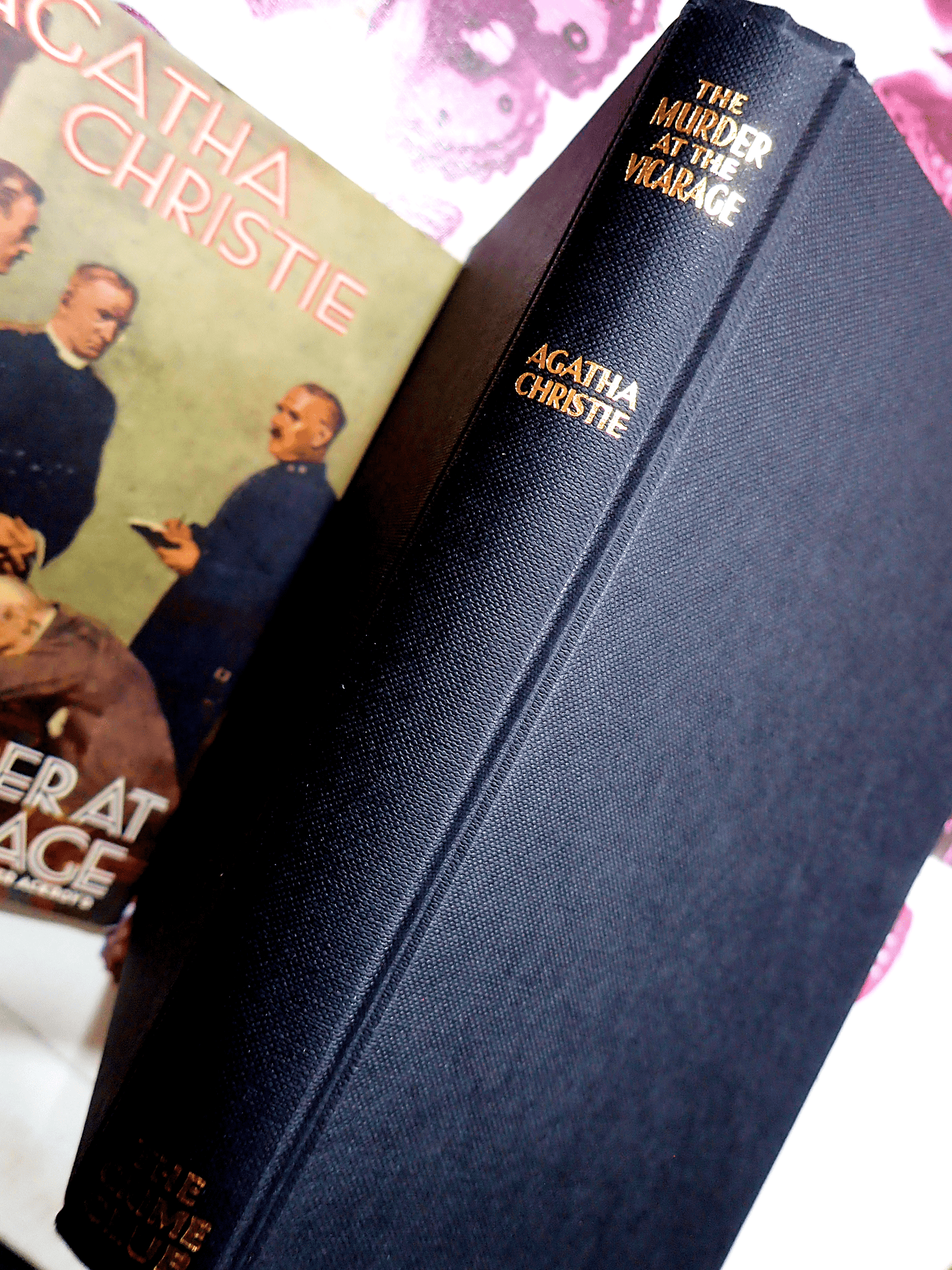 Black spine with gold titles of Murder at the Vicarage Agatha Christie Hardback Facsimile Vintage Book