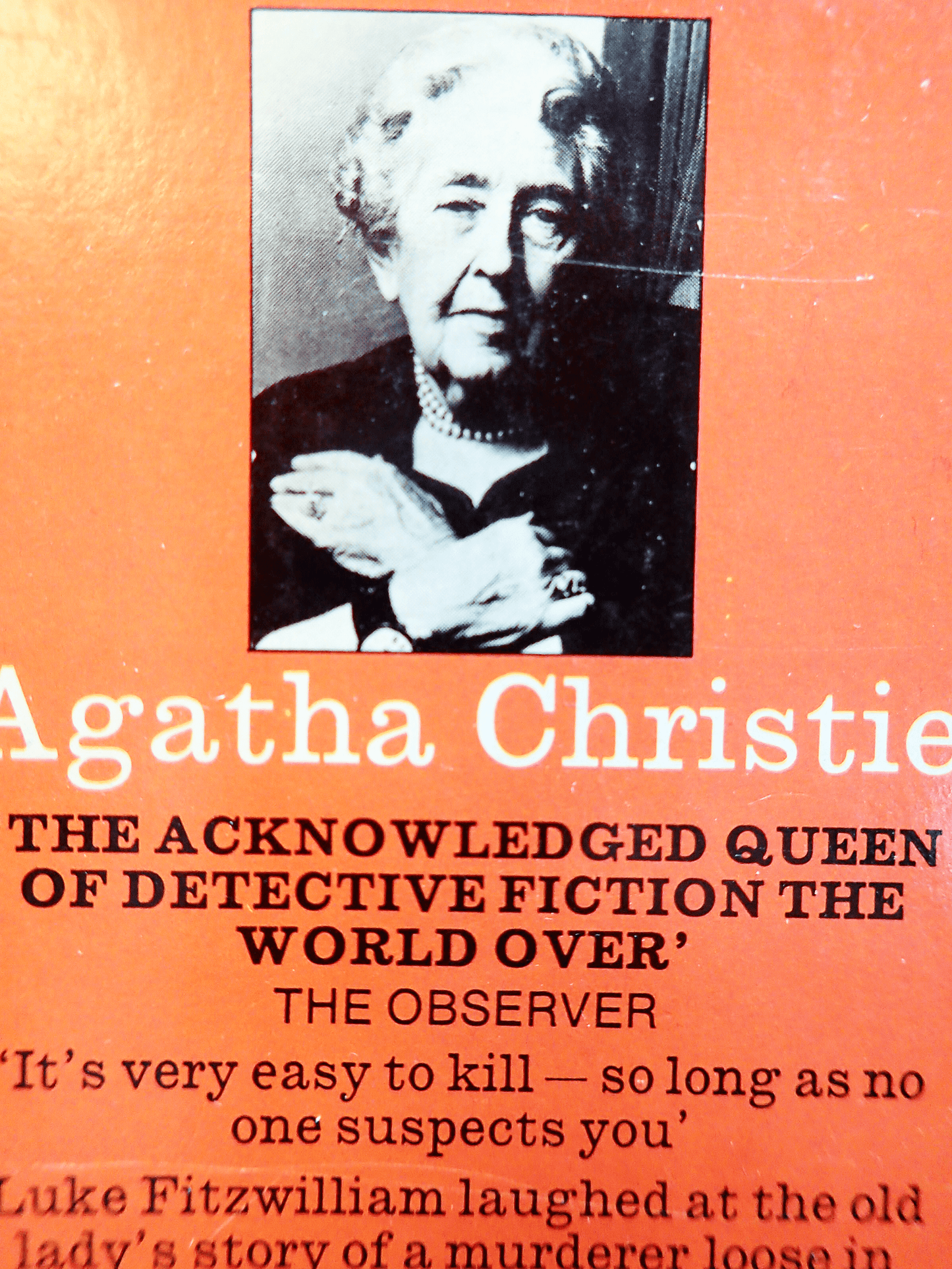 Agatha Christie Murder is Easy back cover of Vintage Pan Paperback showing a black and white photo of Agatha Christie with blurb about the book.. Classic Crime book.