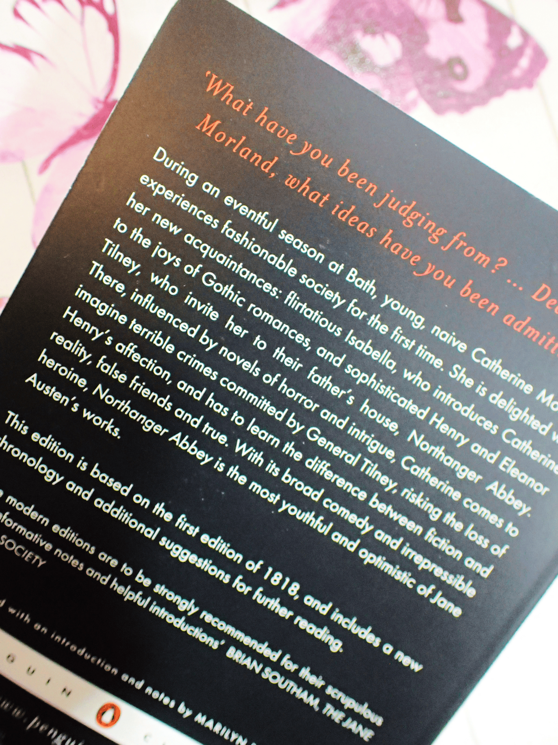 Blurb on back cover of Northanger Abbey Jane Austen Puffin Paperback showing text: During an eventful season at Bath, young, naive Catherine...