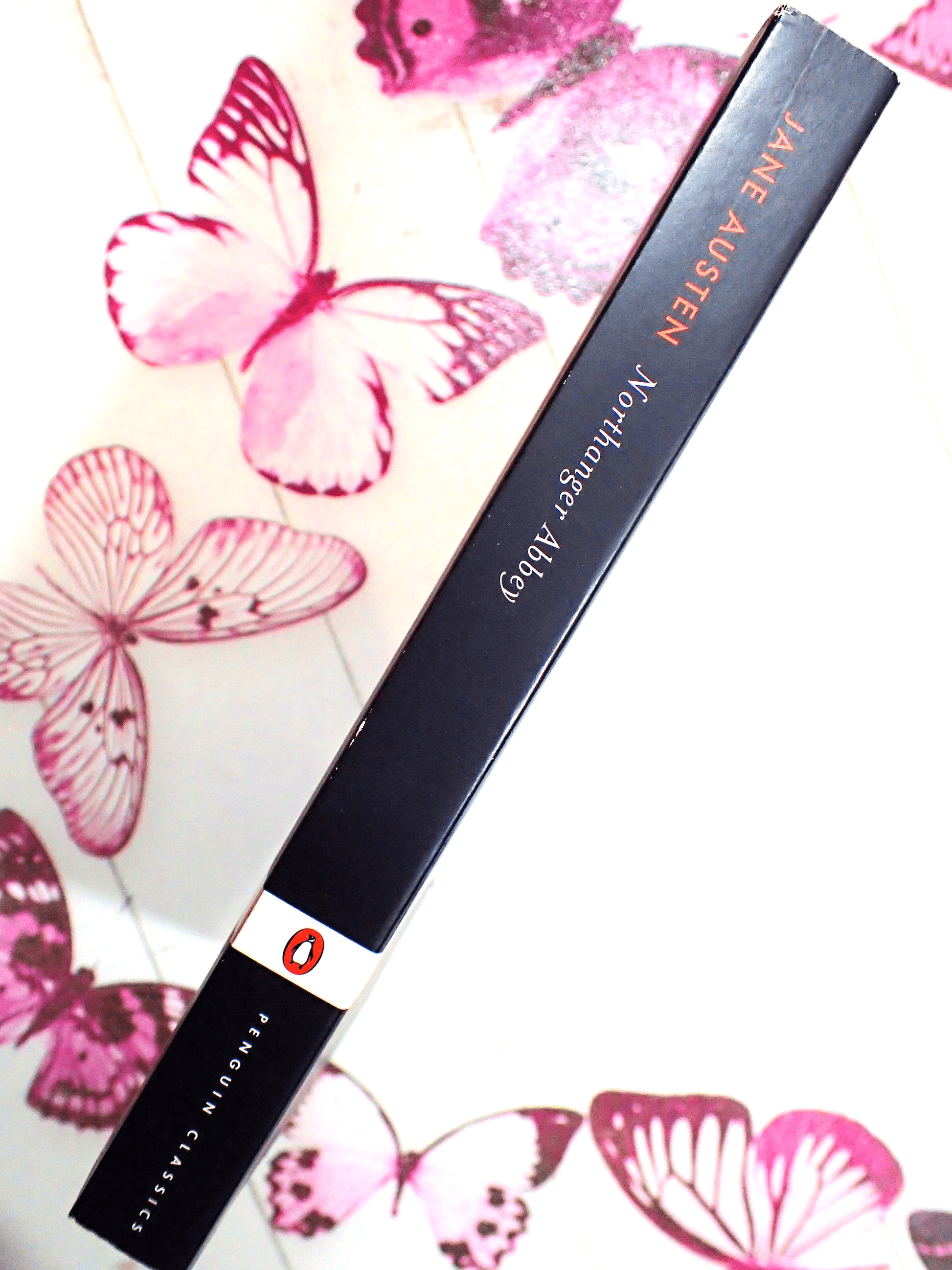 Spine of Northanger Abbey Jane Austen Puffin Paperback showing white and orange titles against a black ground on a butterfly background. 