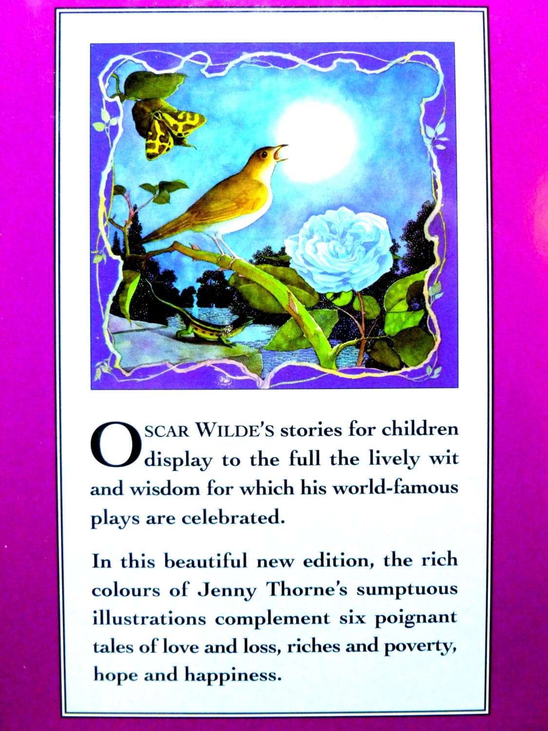 Back cover of Oscar Wilde Fairy Stories for Children inc the Happy Prince Vintage Fairy tale Book showing a nightingale singing against a blue and purple background and text: Oscar Wilde's stories for children display to full the lively wit...