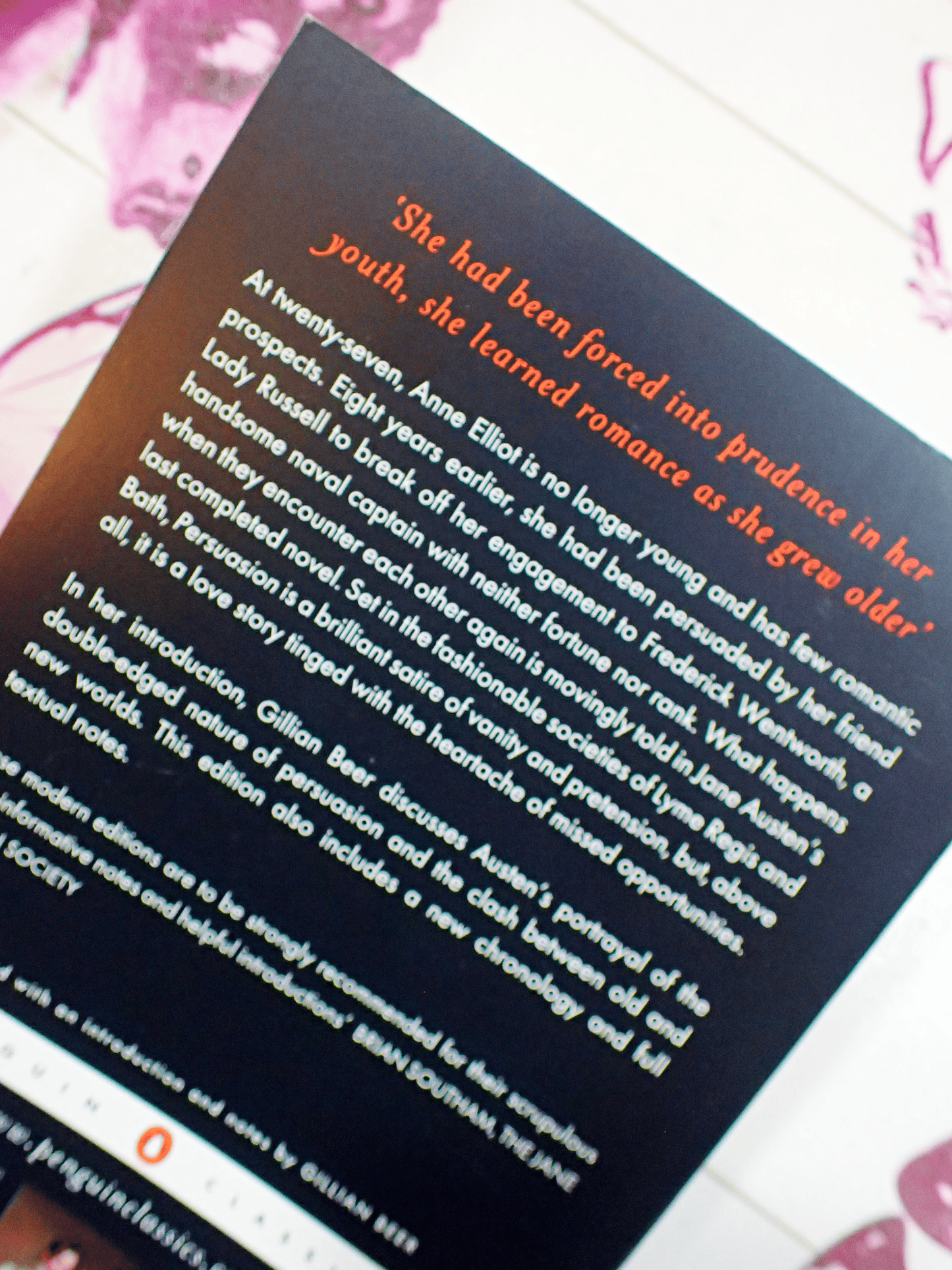 Back cover of Penguin Classic Paperback Persuasion showing blurb text: 'She had been forced into prudence in her youth...'