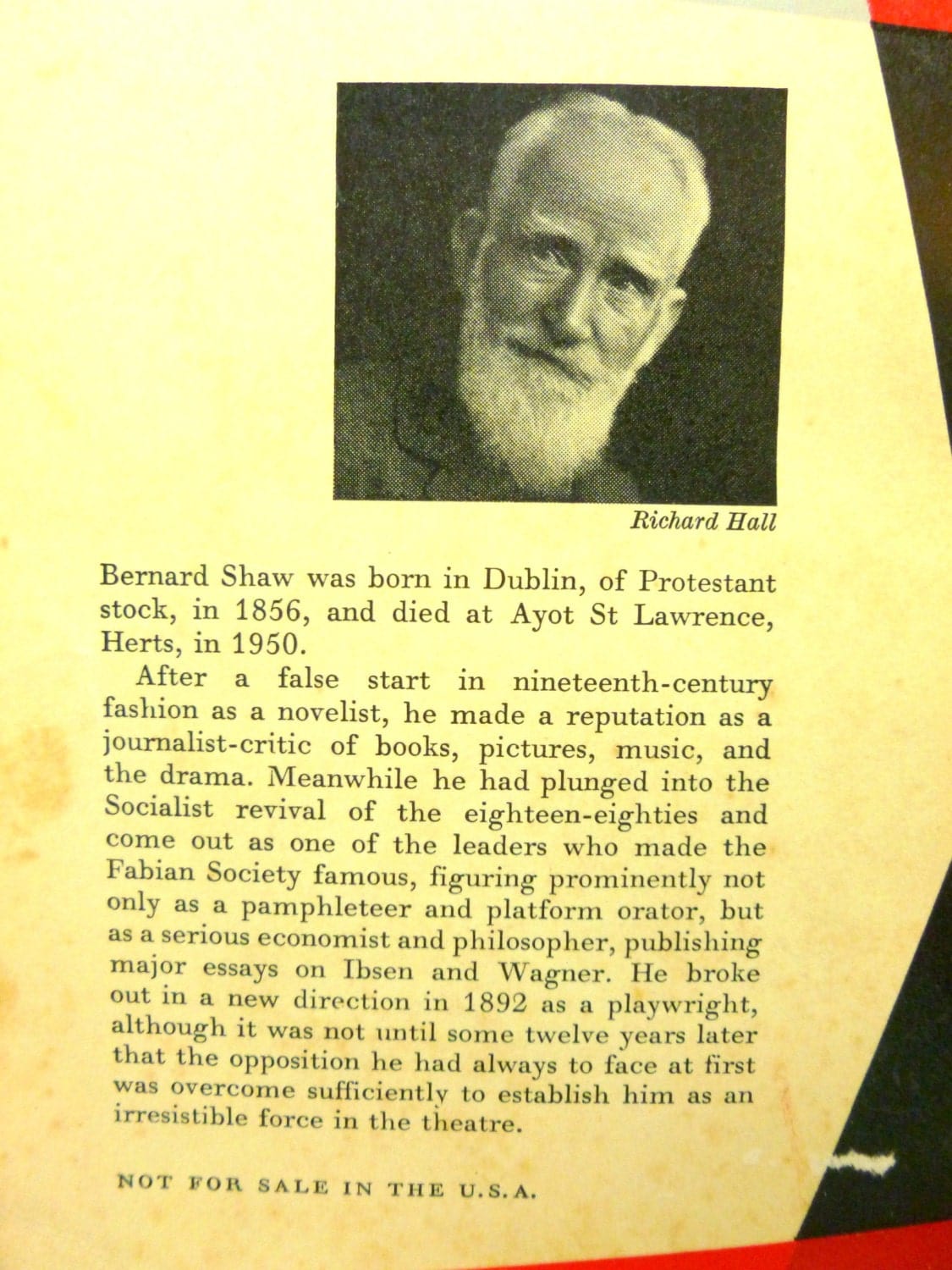 Back cover of Pygmalion George Bernard Shaw Vintage Penguin Paperback 1950s with black and white photograph of George Bernard Shaw and bio. 