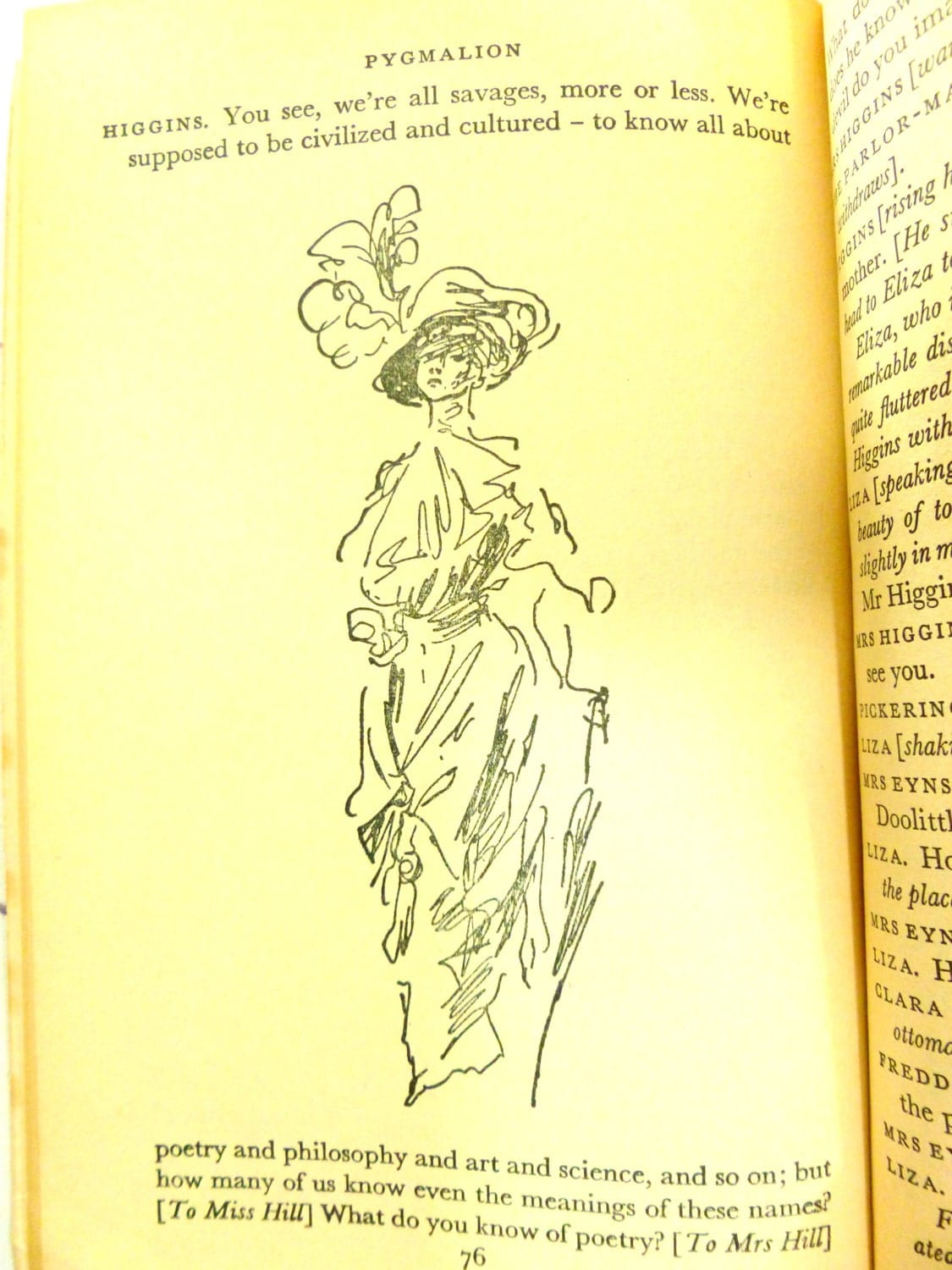 Page of Pygmalion George Bernard Shaw Vintage Penguin Paperback 1950s with illustration of My Fair Lady Eliza Doolittle in black and white.