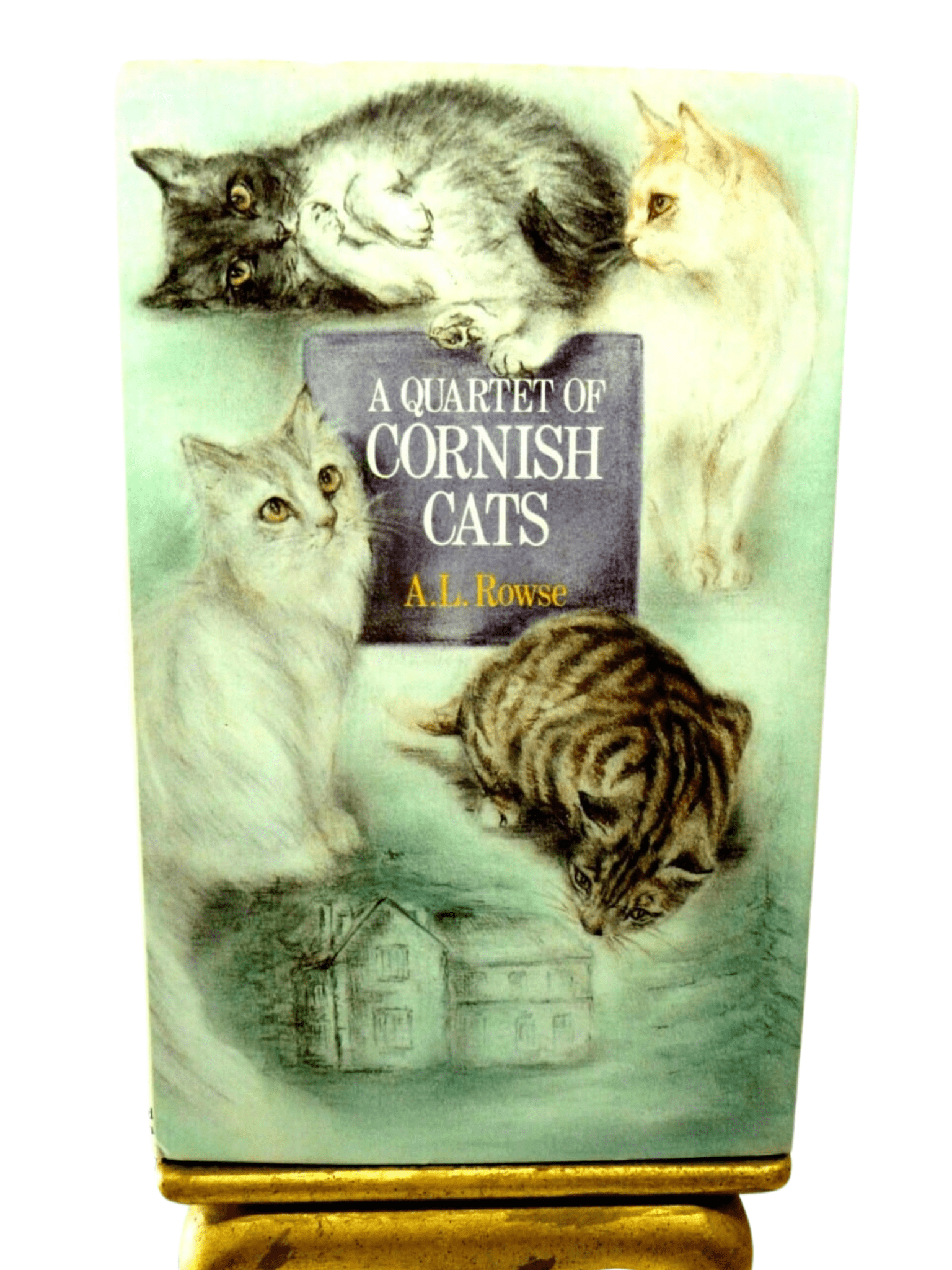 Front cover of First Edition book A Quartet of Cornish Cats showing four beautiful cats in a painterly style. 