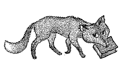 Kittys Tales returns and guarantee. Line drawing of fox carrying a book in its mouth.