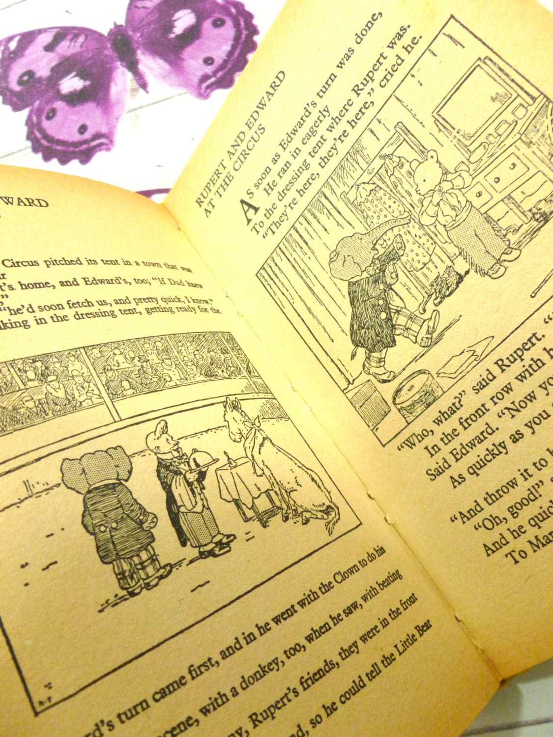 Black and white pages of vintage book Rupert and Edward at the Circus Mary Tourtel Little Bear Library number 4 1970s first edition showing Rupert and Edward the Elephant. 