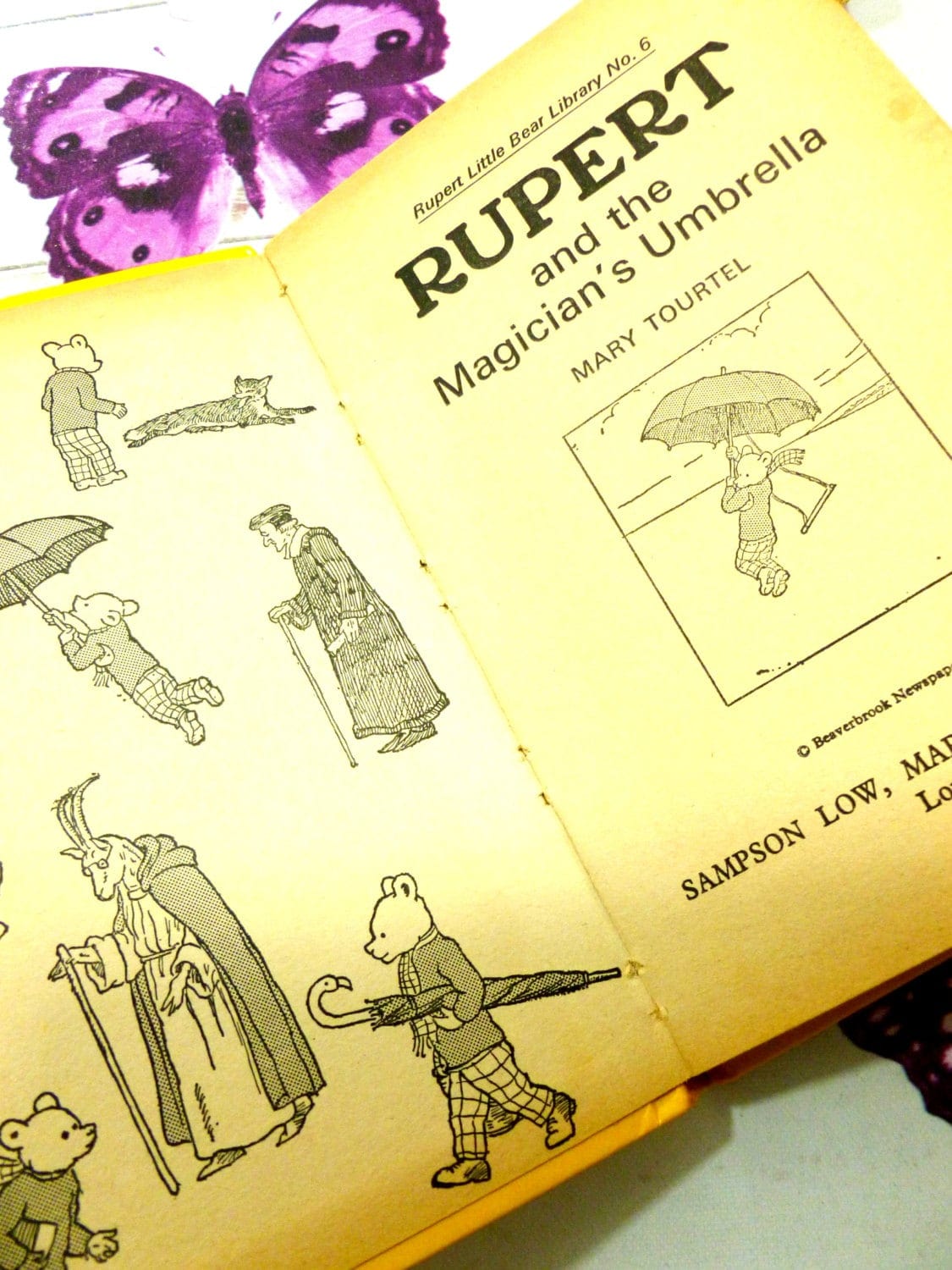 Black and white illustrated endpapers and title page showing Rupert and the Magicians Umbrella Mary Tourtel Little Bear Library number 6 1970s Vintage Hardback Rupert Book 1st Ed.