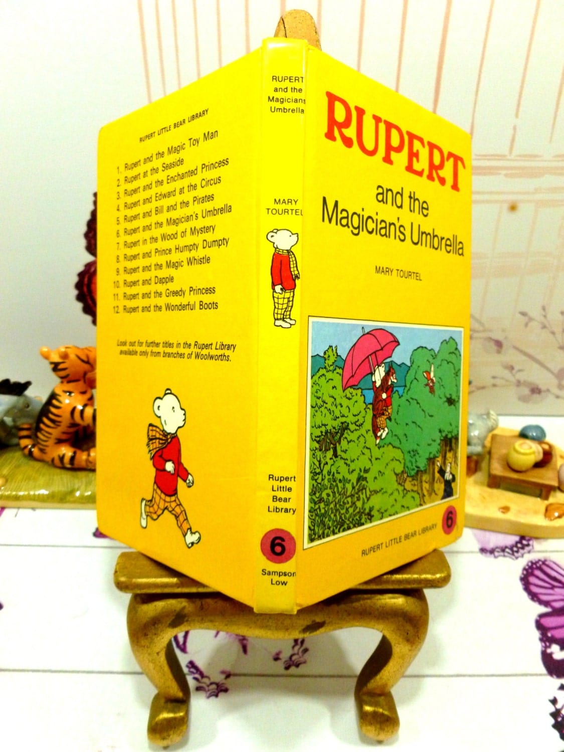 Yellow cover and spine showing Rupert and the Magicians Umbrella Mary Tourtel Little Bear Library number 6 1970s Vintage Hardback Rupert Book 1st Ed.