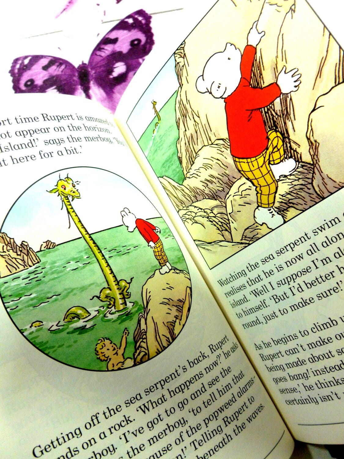 Pages of Rupert and the Popweed Vintage Hardback Rupert Book 1st Ed 1991 showing Rupert climbing the rocks and the sea monster. 