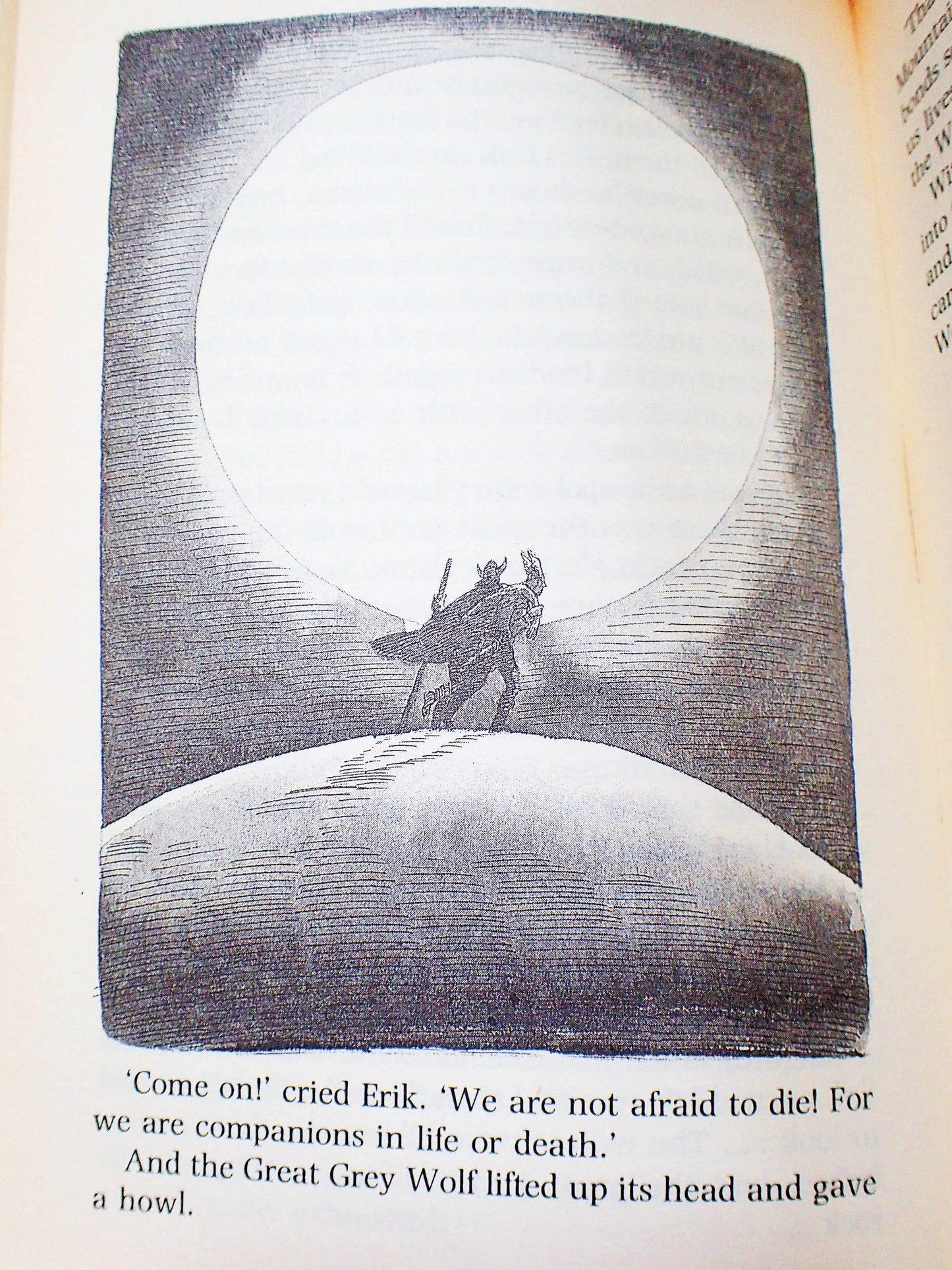 Page of The Saga of Erik the Viking by Terry Jones Vintage Puffin Children's Book 1988 showing a grayscale image of a Viking against a sunset. 