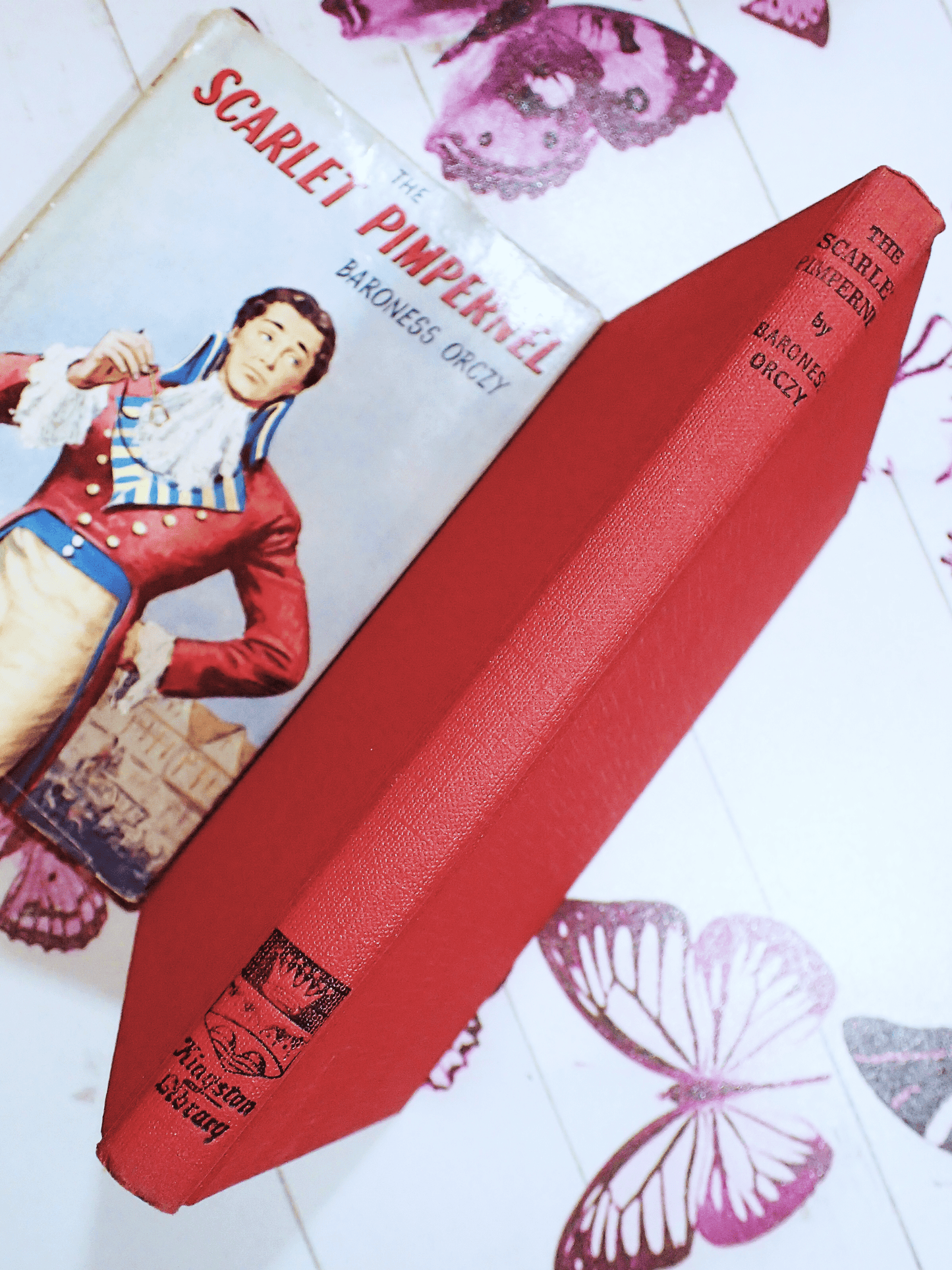 Spine of The Scarlet Pimpernel by Baroness Orczy Thrilling Romance Classic 1940's Vintage Book in Red with Black Titles. 