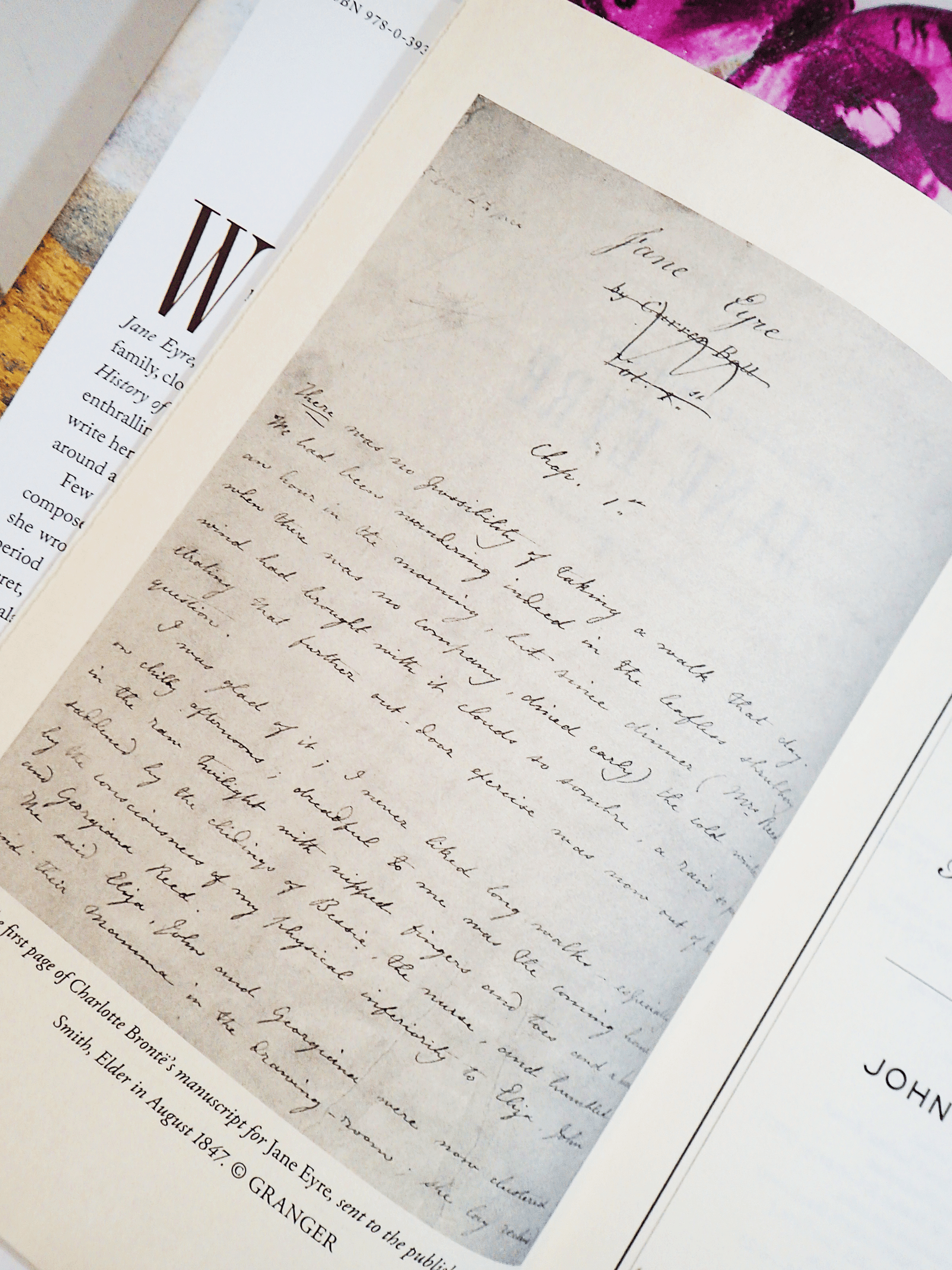 Page of The Secret History of Jane Eyre John Pfordresher Vintage Hardback First Edition showing first page of manuscript of novel Jane Eyre. 