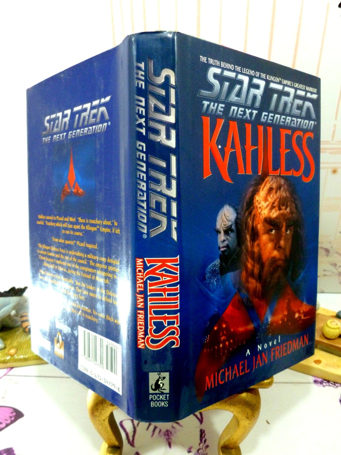 Front cover and spine of Star Trek Kahless First Edition 1st Print Star Trek Novel Next Generation Hardback book 1996 showing characters Kahless and Worf.