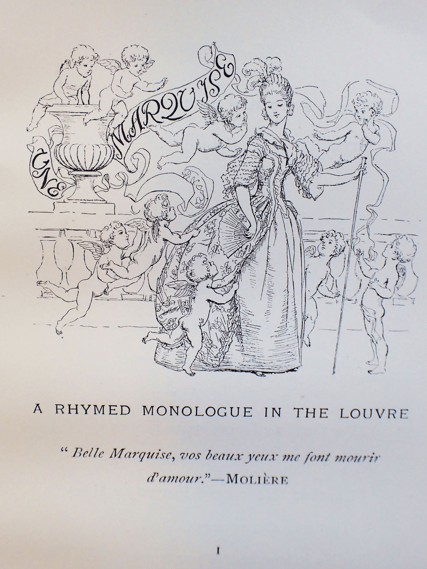 Page of The Story of Rosina Austin Dobson illus Hugh Thompson First Edition Antique Book. Showing a french Lady with cherubs. 