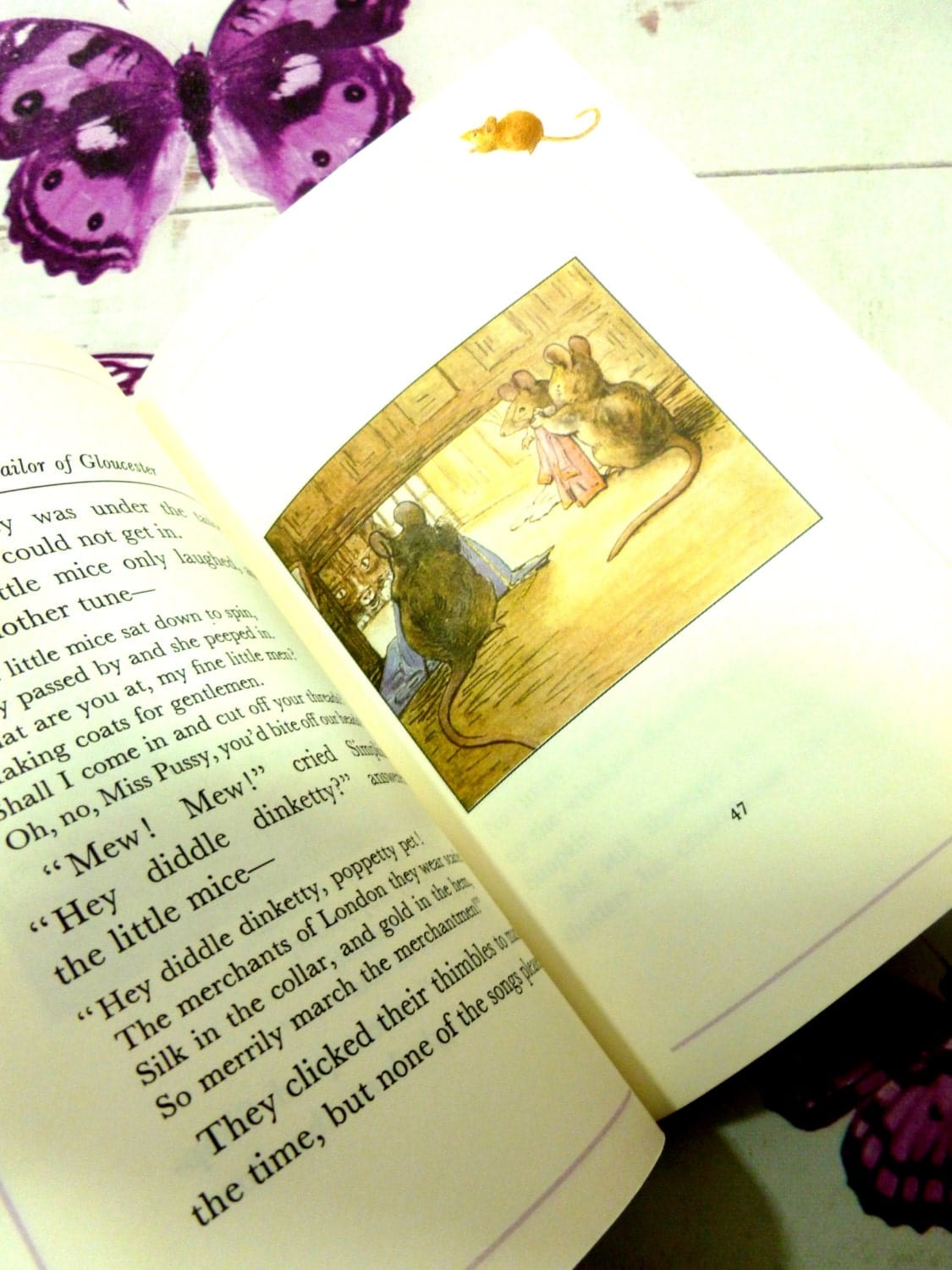 Page of The Tailor of Gloucester First Edition Purple Bloomsbury Book 1993 Beatrix Potter Childrens Story showing Beatrix Potter mice.