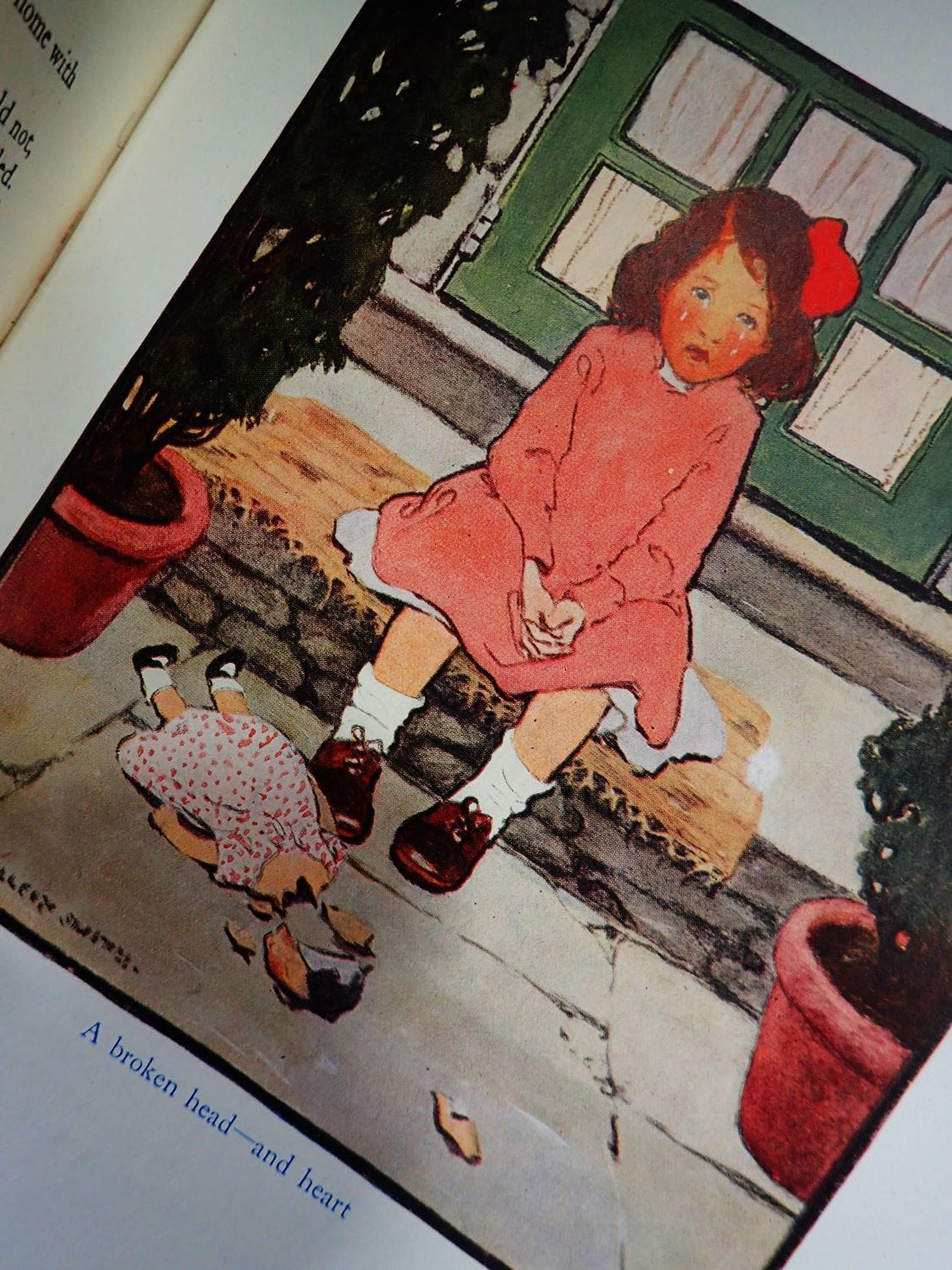 Girl with broken doll by Jessie Wilcox Smith in 'The Everyday Fairy Book' antique children's book. 