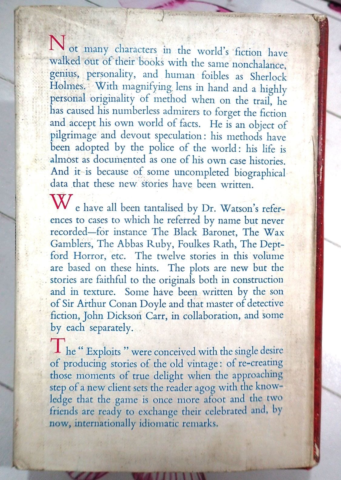 Back of Dust Jacket with blurb of The Exploits of Sherlock Holmes Conan Doyle First Edition Vintage Book